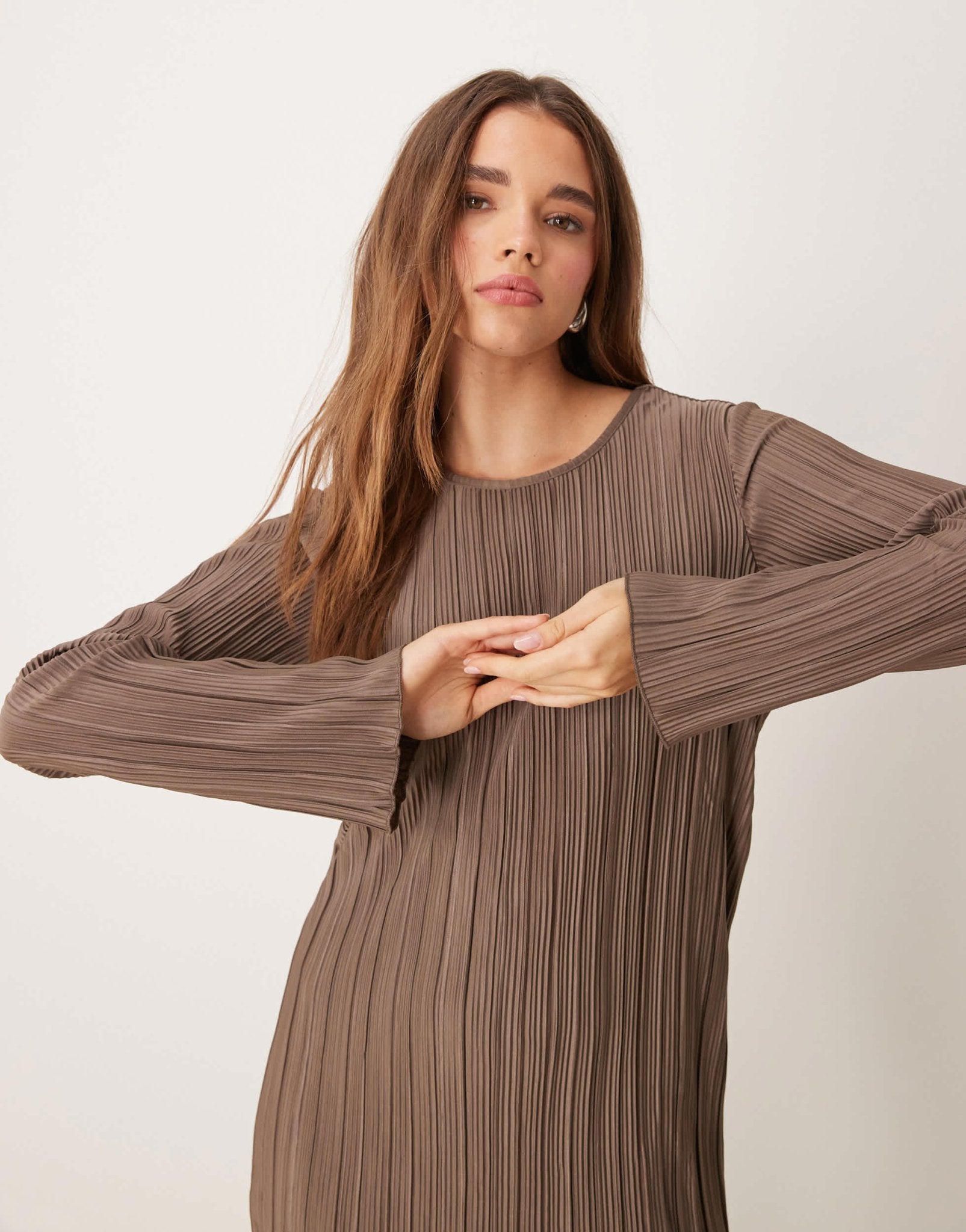 JDY plisse flute sleeves mini dress in light brown - ASOS Sample Sale