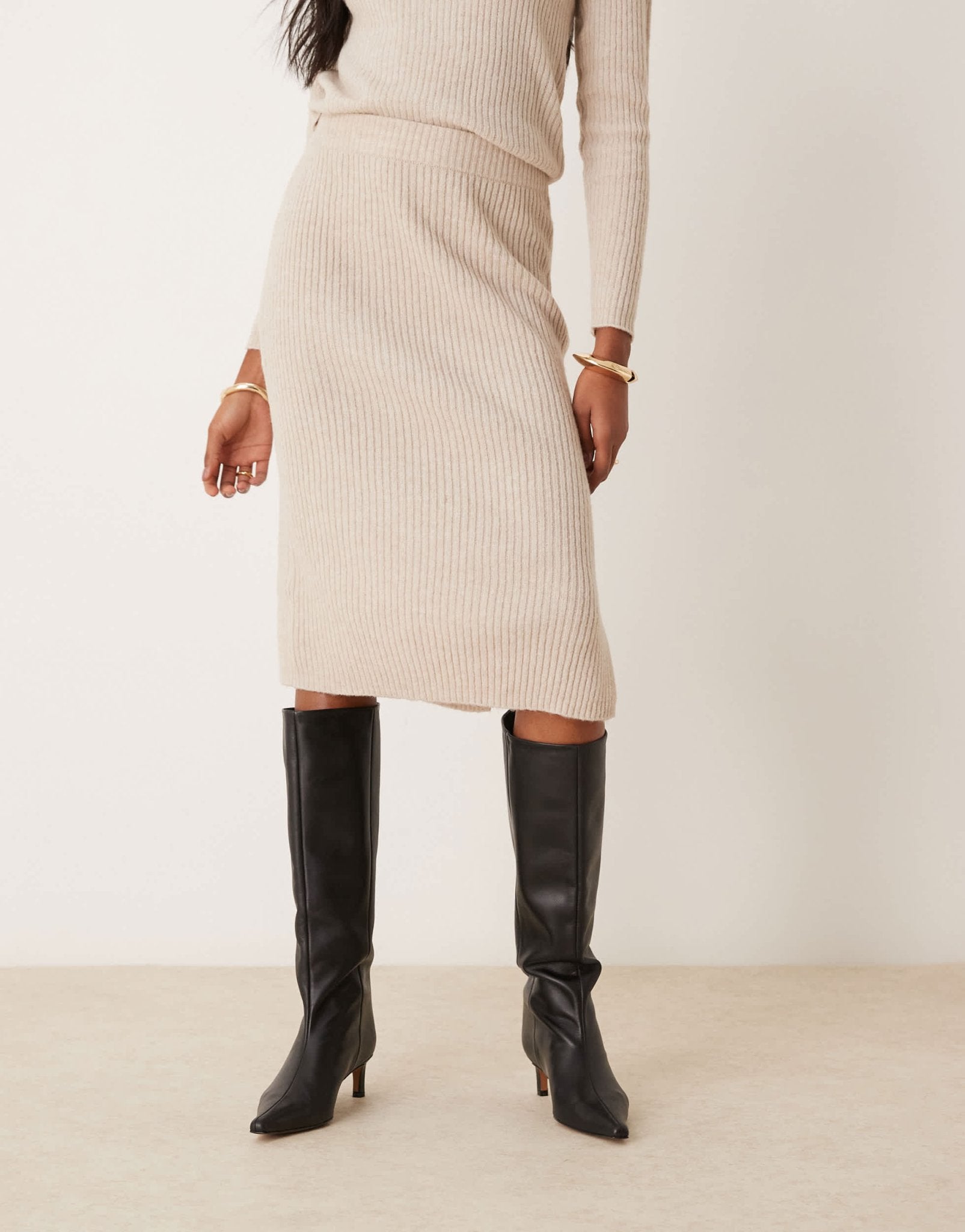 JDY ribbed midi skirt co - ord in beige - ASOS Sample Sale