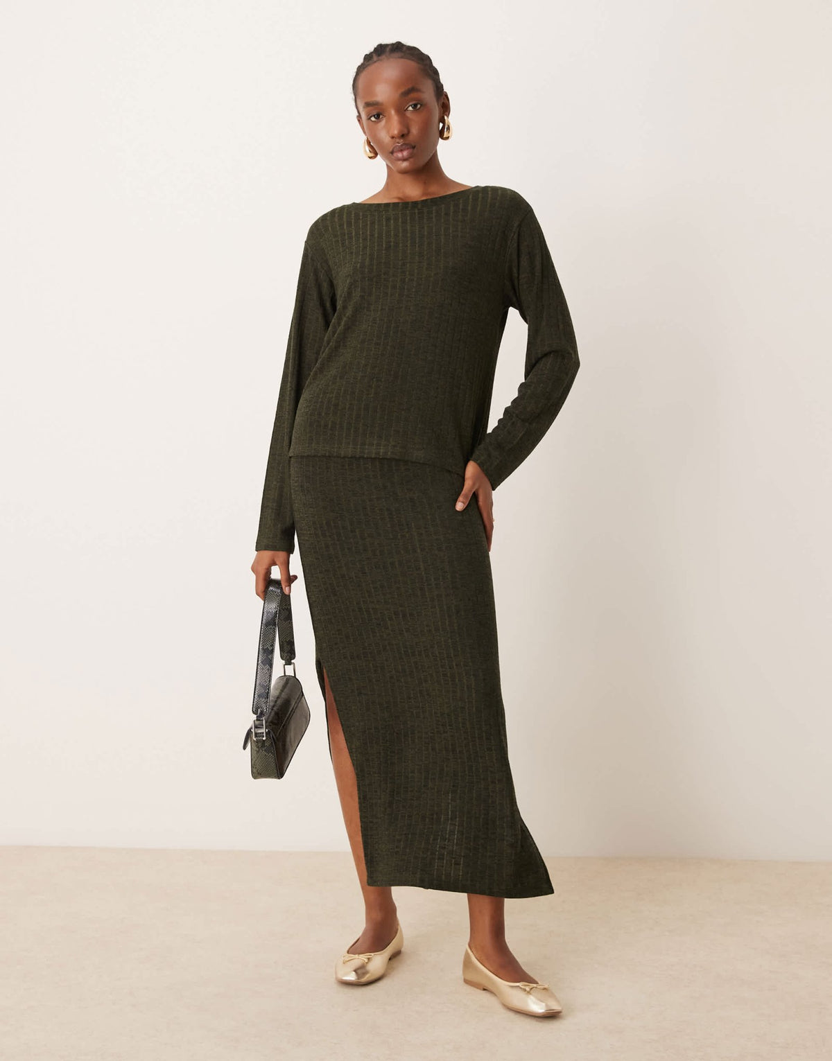 JDY ribbed midi skirt co - ord in khaki - ASOS Sample Sale