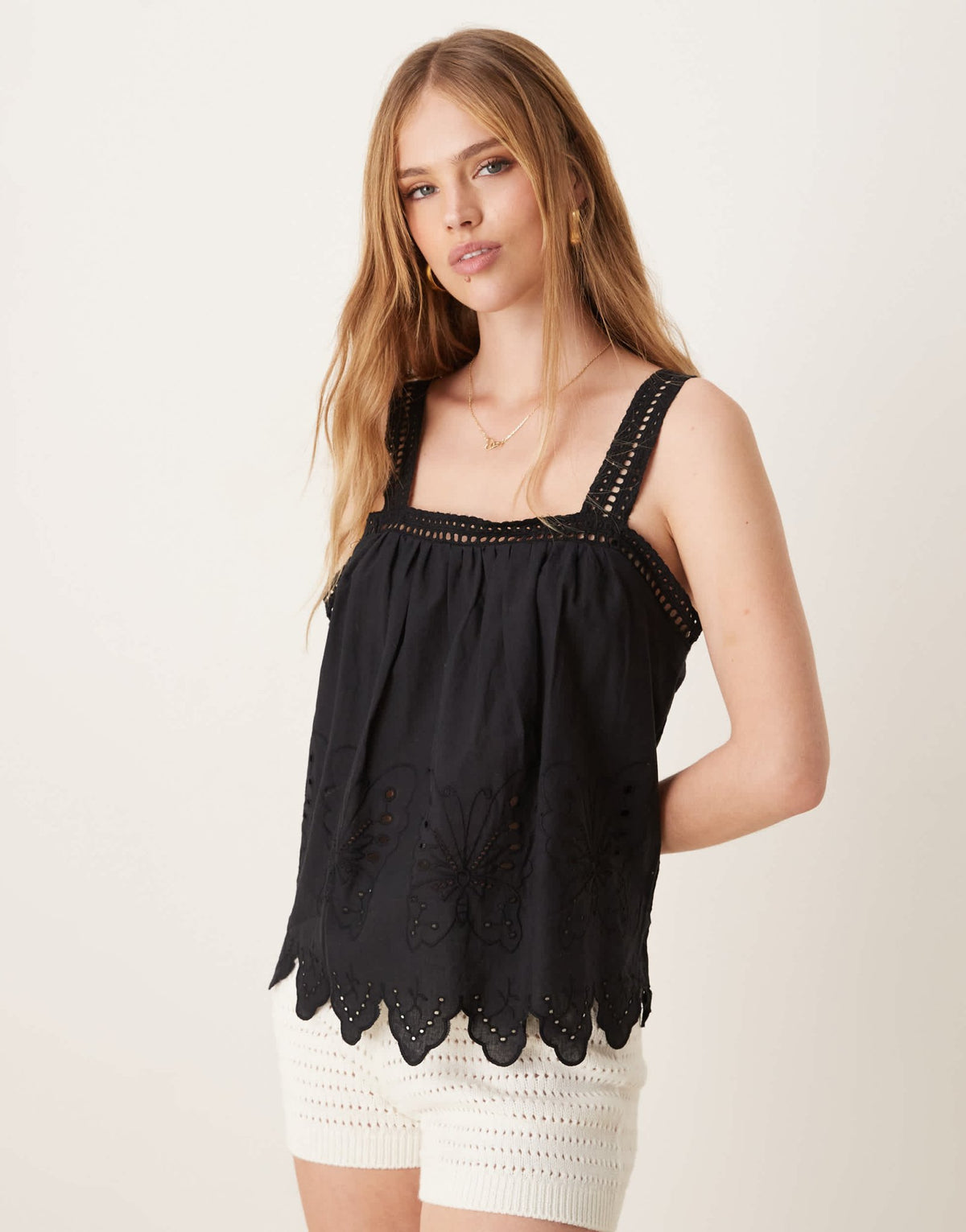 JDY scallop edge top with crochet straps and embroidery detail in black - ASOS Sample Sale