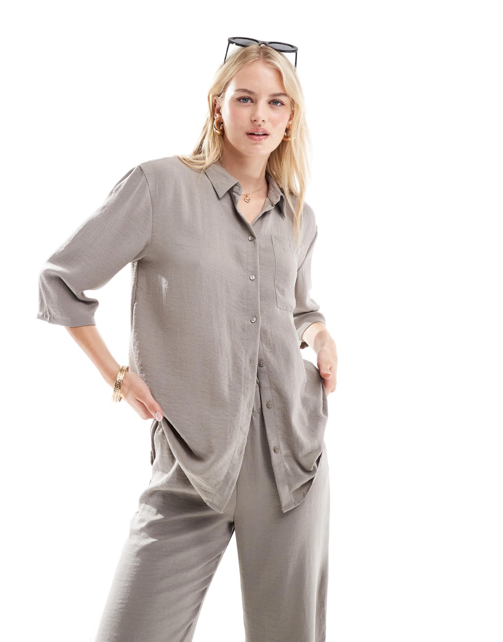 JDY Tall 3/4 sleeve loose shirt co - ord in taupe - ASOS Sample Sale