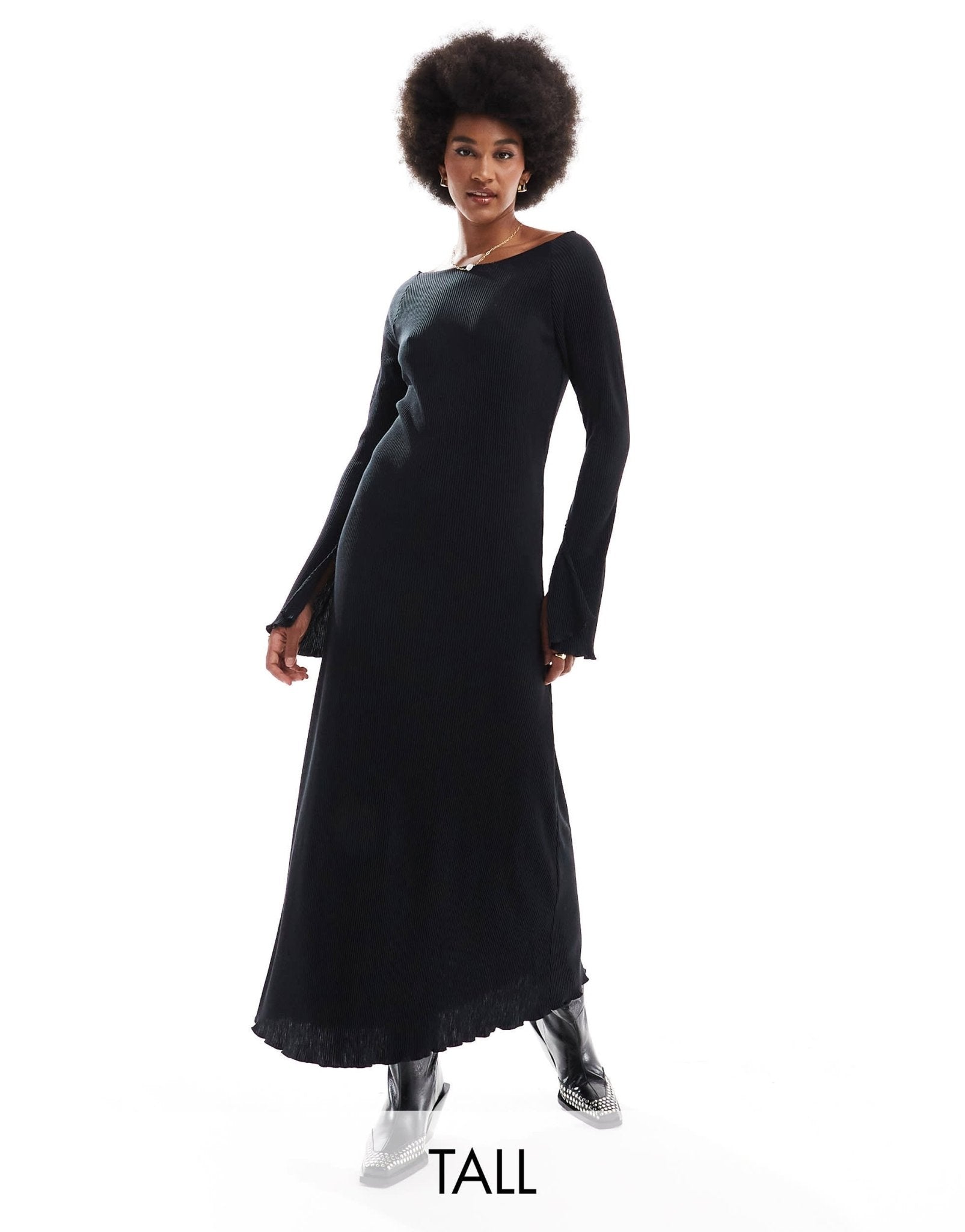 JDY Tall bell sleeve plisse maxi dress in black - ASOS Sample Sale