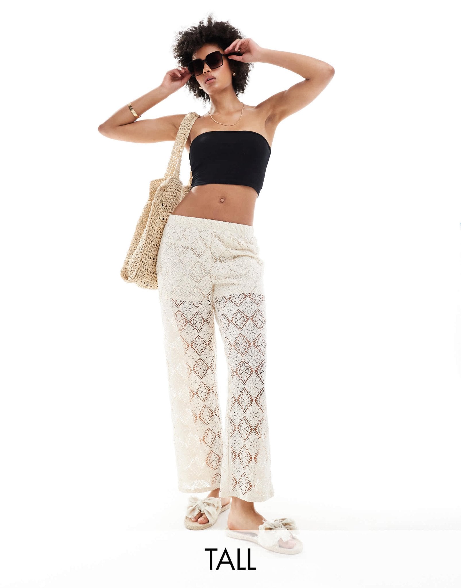 JDY Tall crochet wide leg trouser with short insert in stone - ASOS Sample Sale
