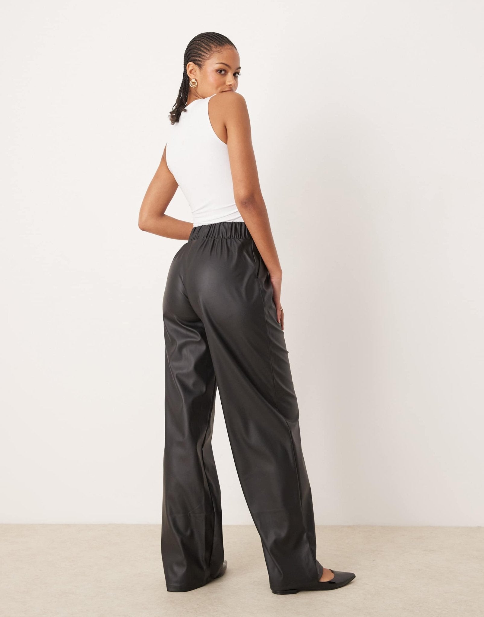 JDY Tall high waisted wide leg faux leather trousers in black - ASOS Sample Sale