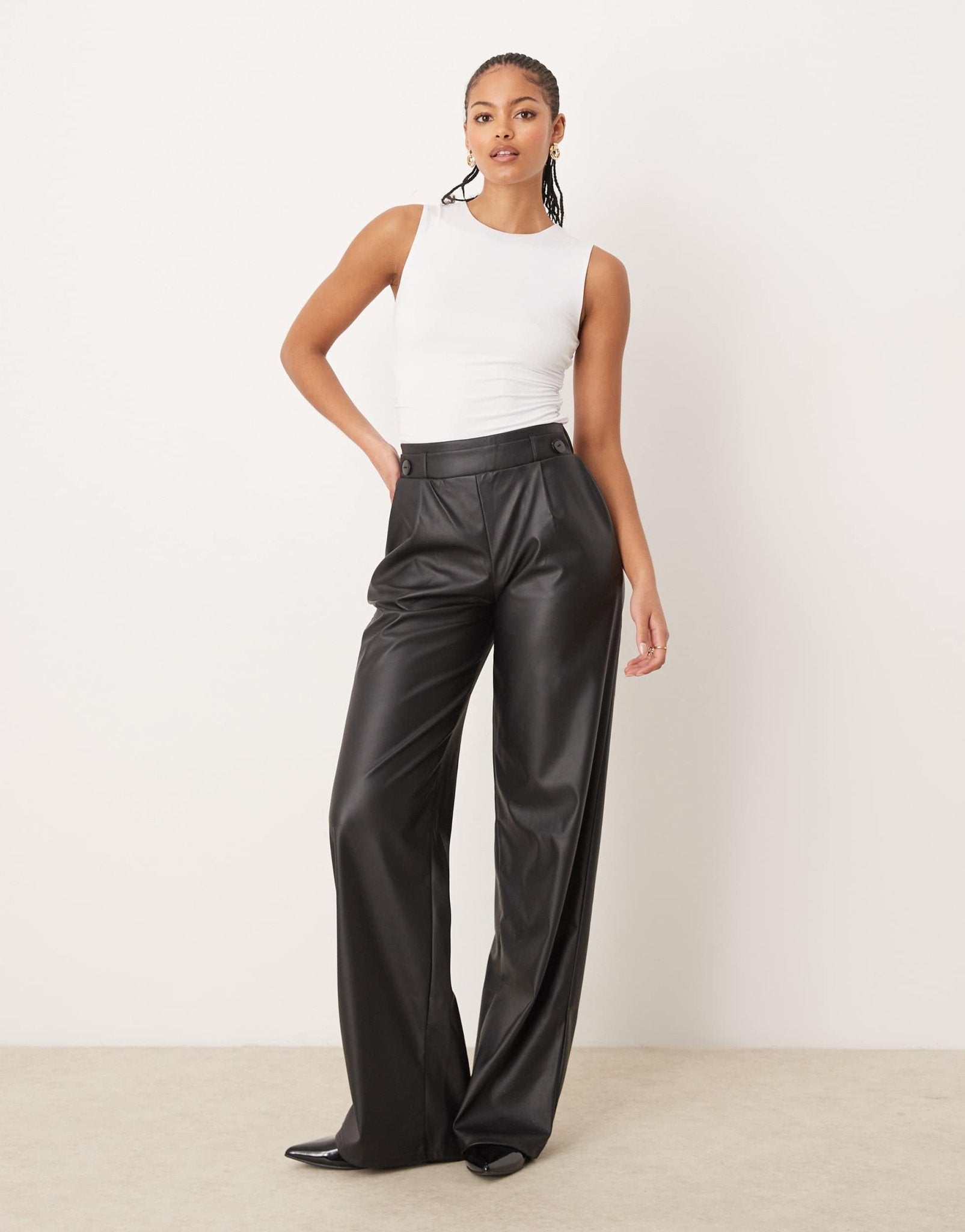 JDY Tall high waisted wide leg faux leather trousers in black - ASOS Sample Sale