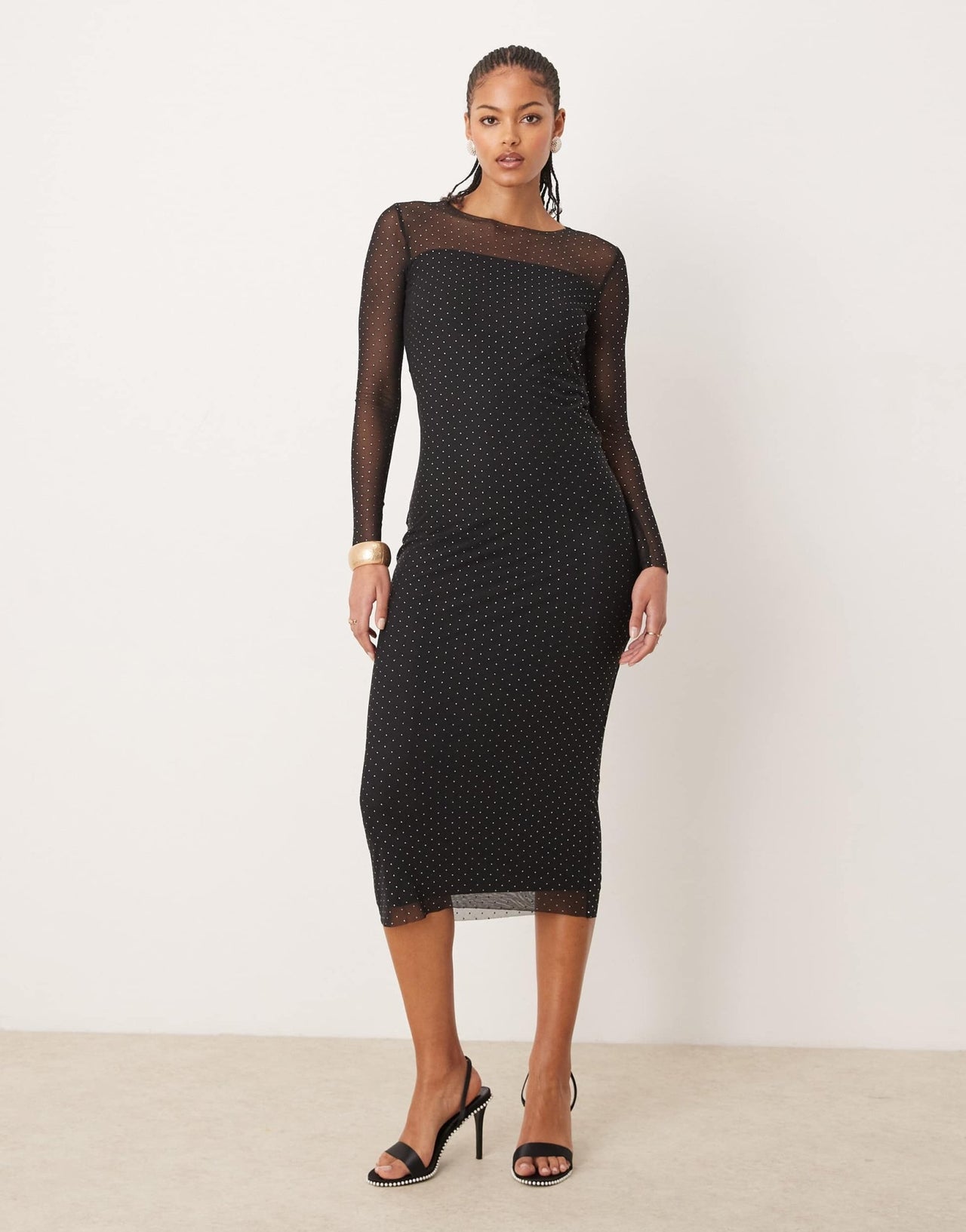 JDY Tall long sleeve mesh studded midi dress in black - ASOS Sample Sale
