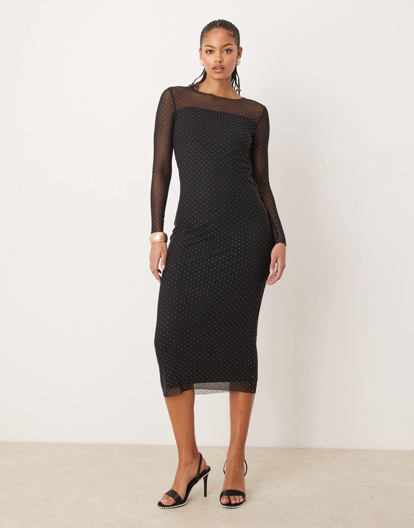 JDY Tall long sleeve mesh studded midi dress in black - ASOS Sample Sale