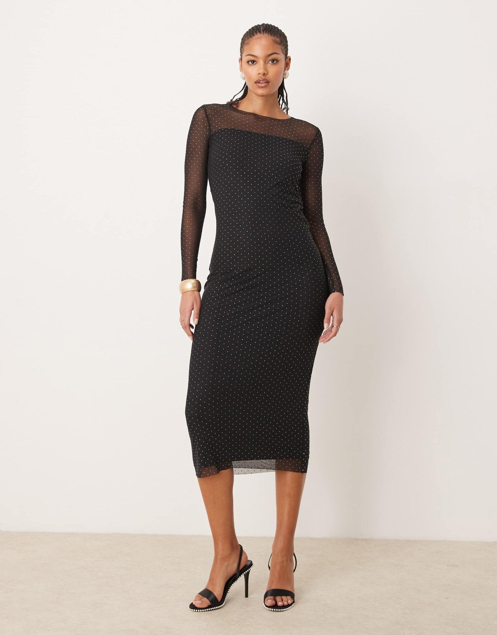 JDY Tall long sleeve mesh studded midi dress in black - ASOS Sample Sale