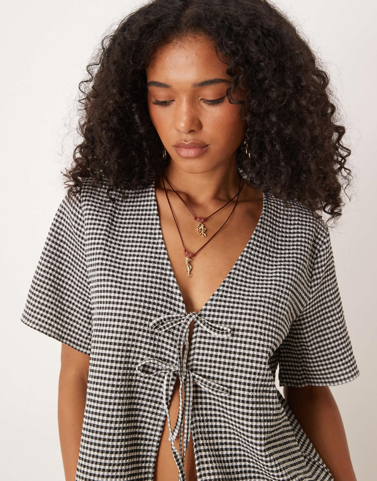 JDY tie front seersucker top co-ord in black gingham - ASOS Sample Sale