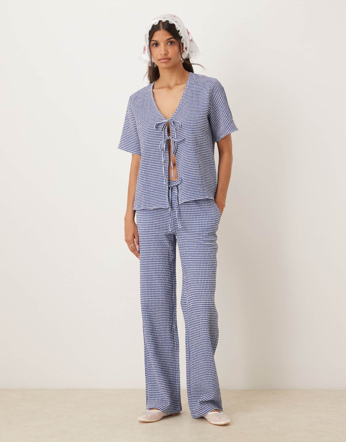 JDY tie front seersucker top co-ord in blue gingham - ASOS Sample Sale