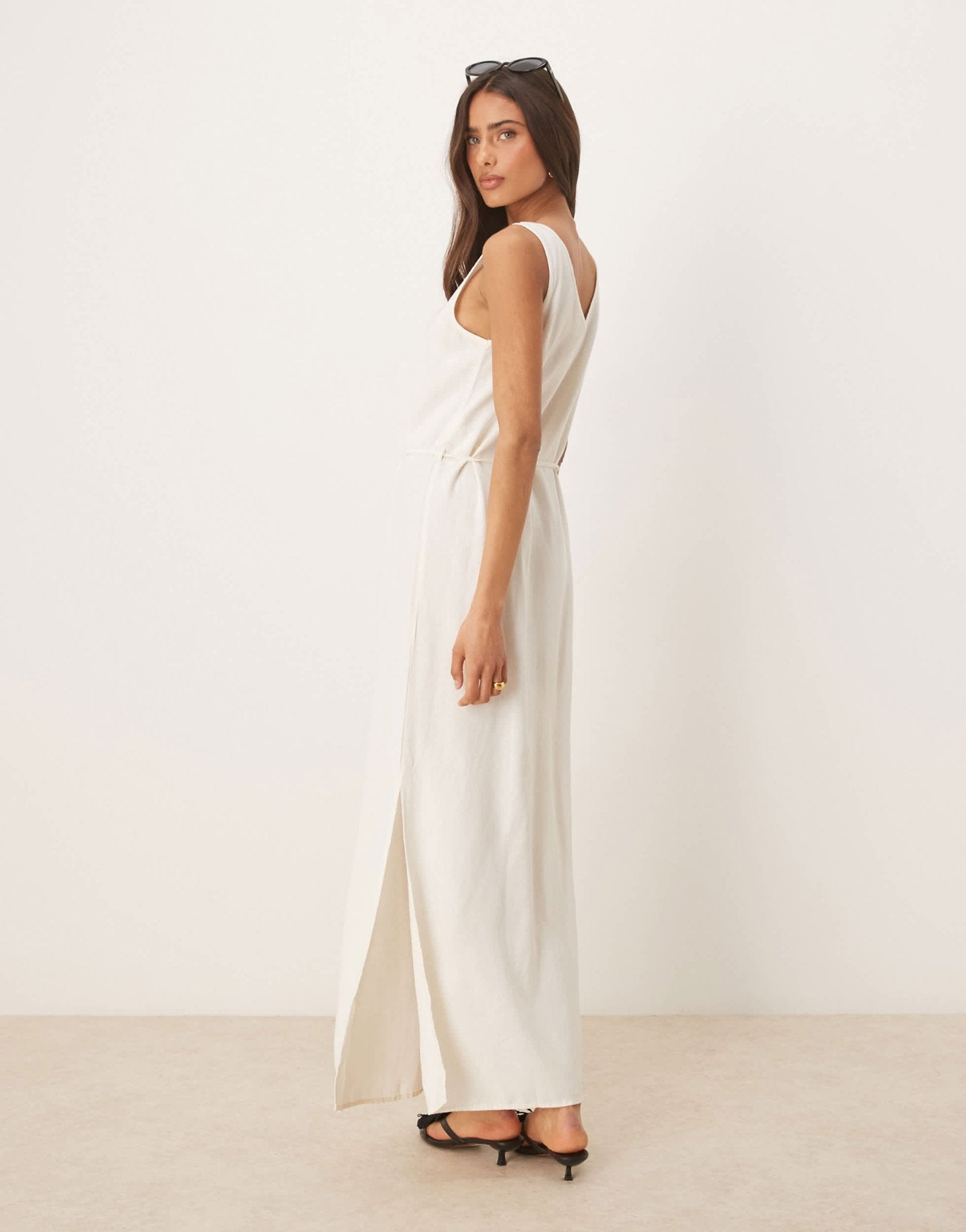 JDY tie waist linen blend maxi dress in white - ASOS Sample Sale