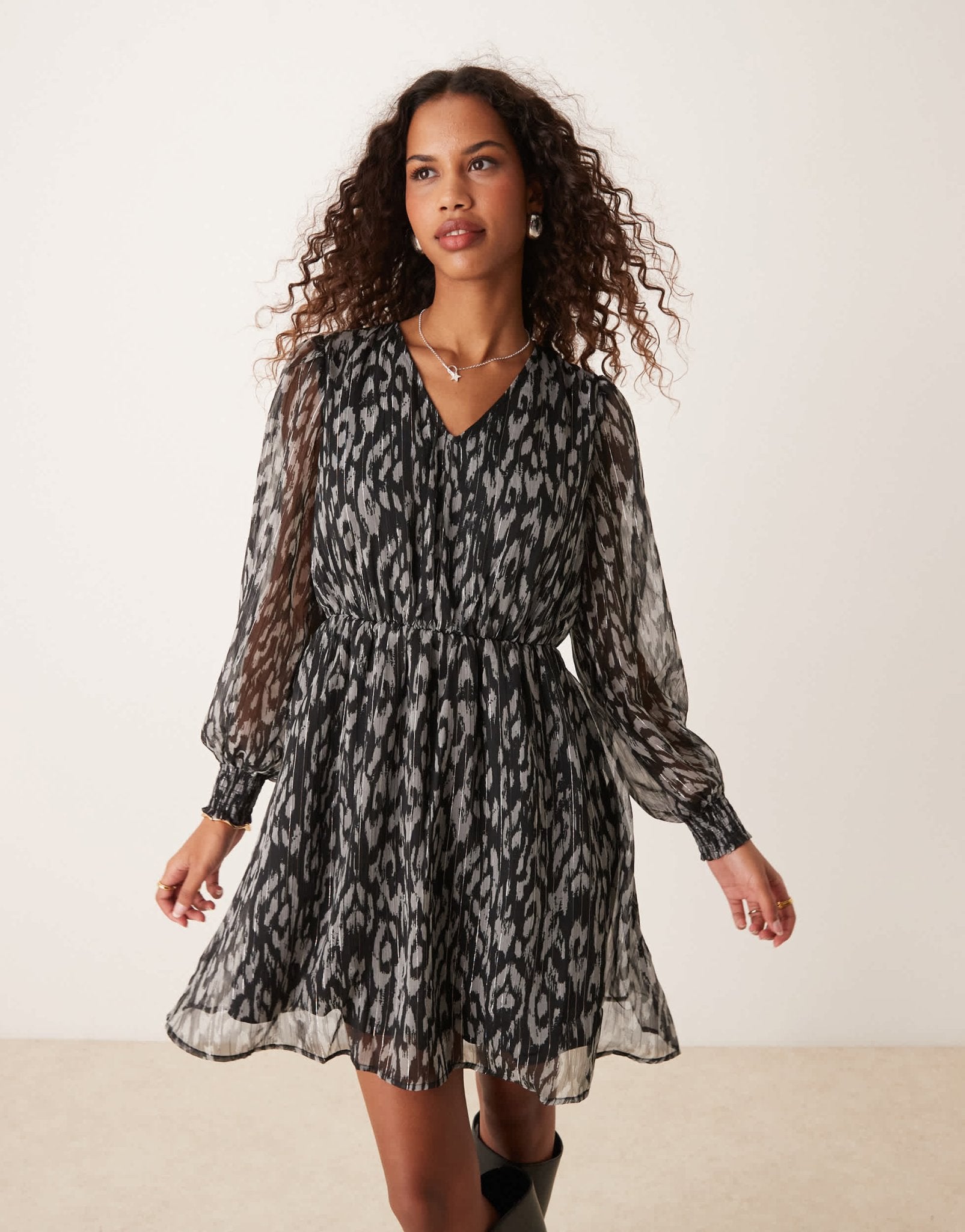 JDY v neck smock mini dress in black leo print - ASOS Sample Sale