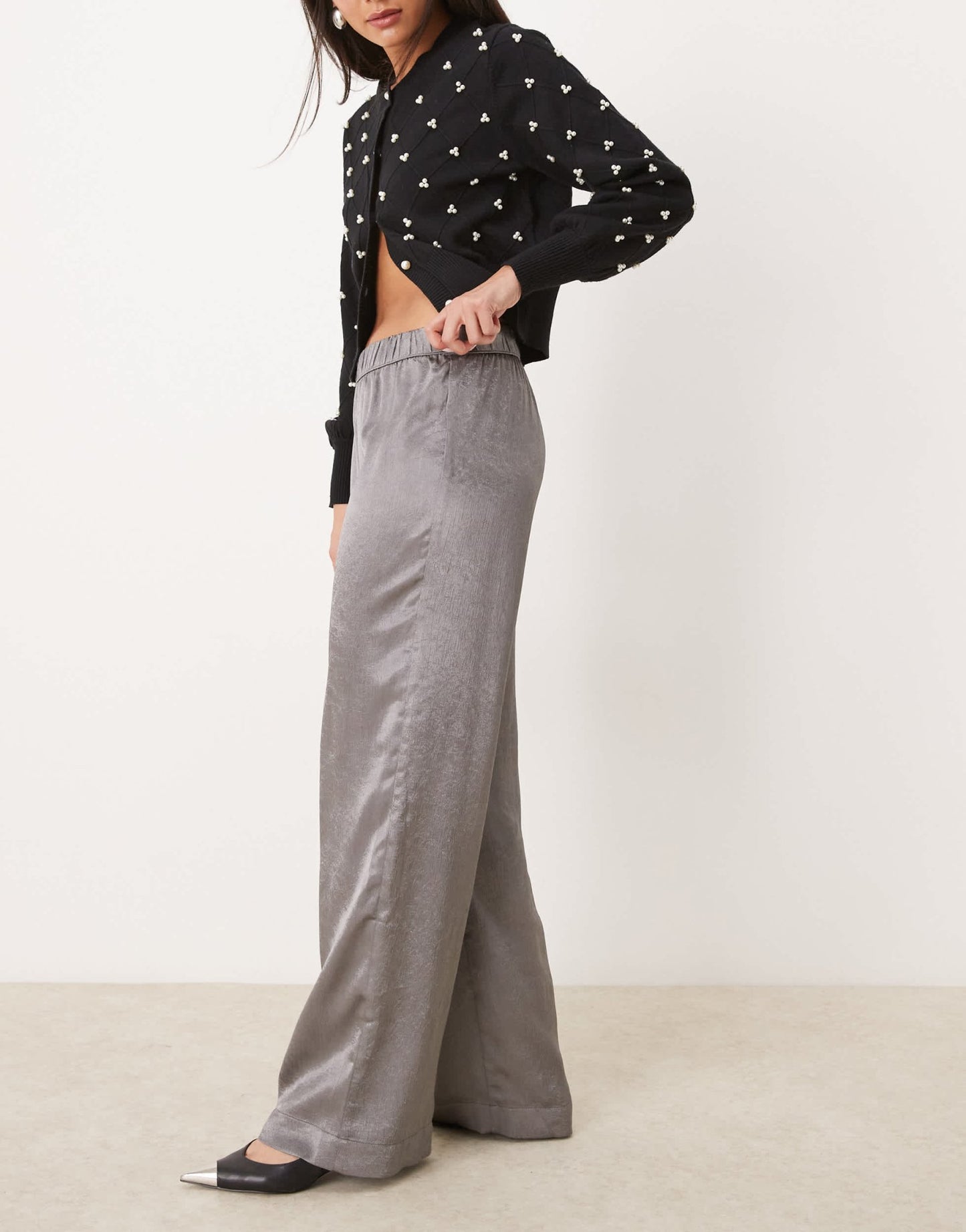 JDY wide leg metallic trousers in grey - ASOS Sample Sale