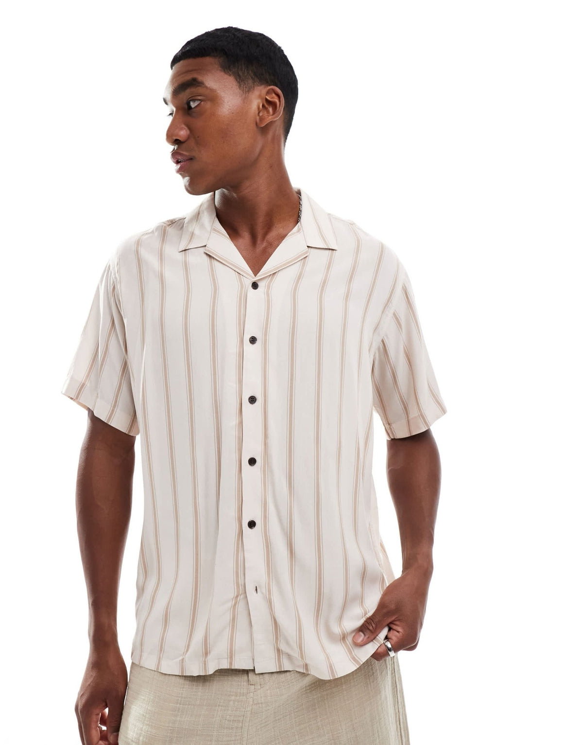 JJ Rebel revere collar short sleeve shirt with stripe in beige - ASOS Sample Sale