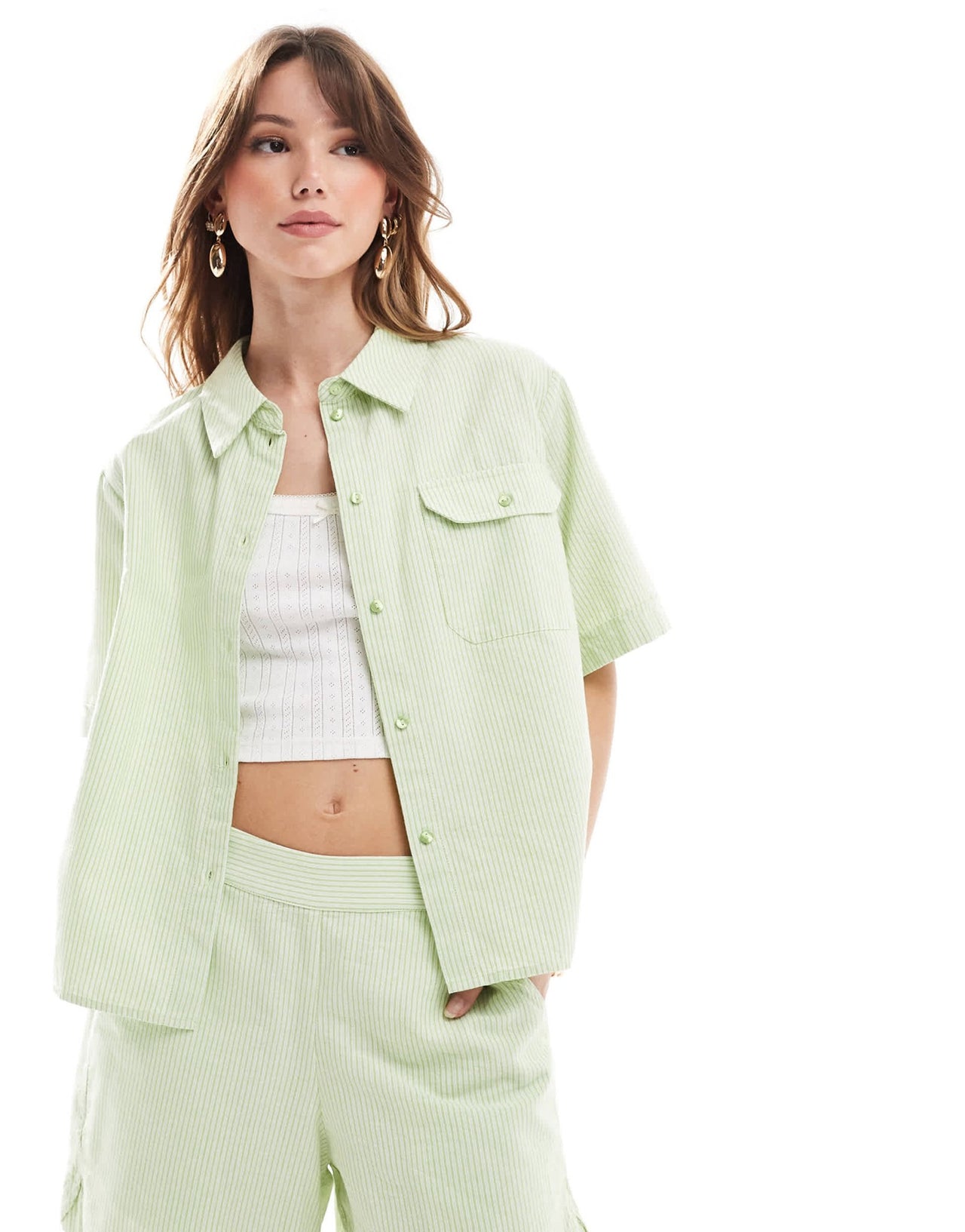 JJXX co - ord oversized cropped shirt in green stripe - ASOS Sample Sale