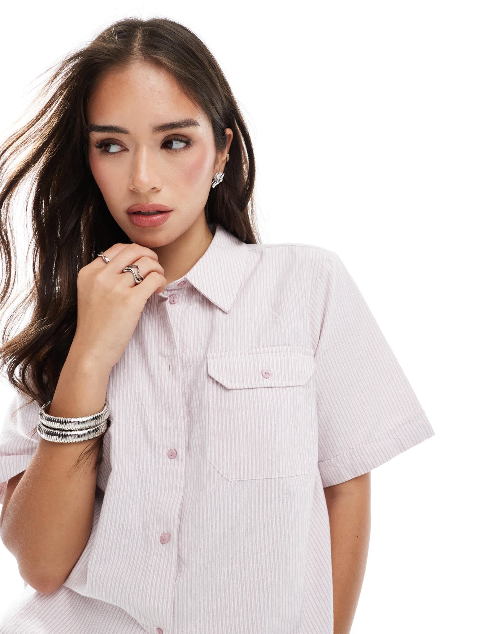 JJXX co - ord oversized cropped shirt in pink stripe - ASOS Sample Sale