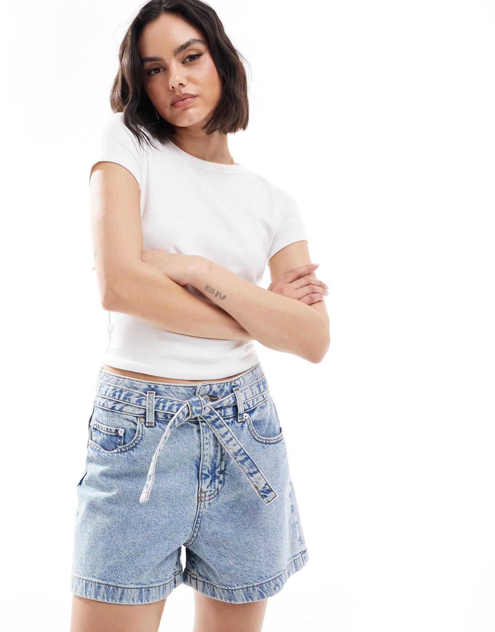 JJXX denim shorts with tie waist in light blue - ASOS Sample Sale