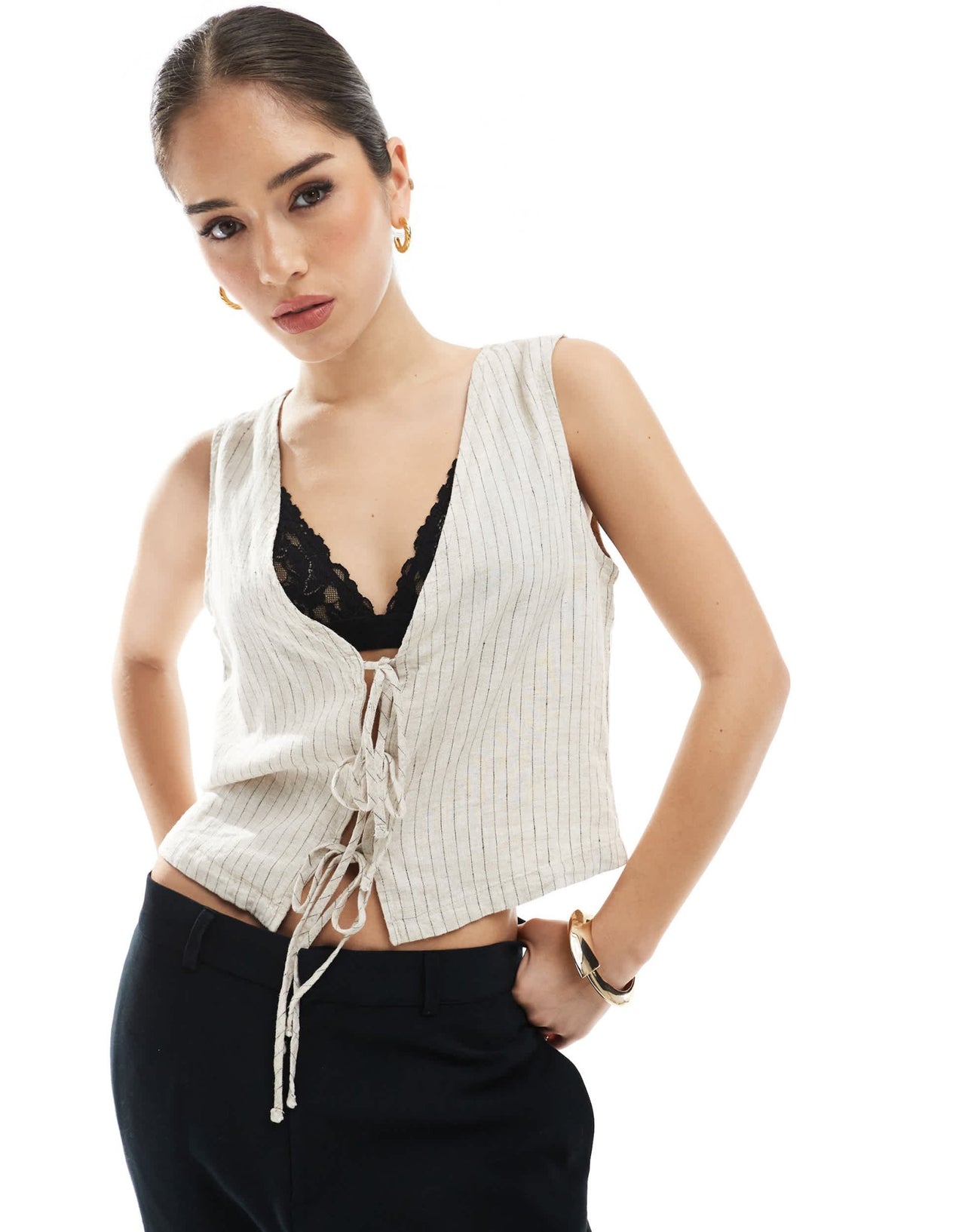 JJXX linen blend tie up waistcoat top in cream stripe - ASOS Sample Sale