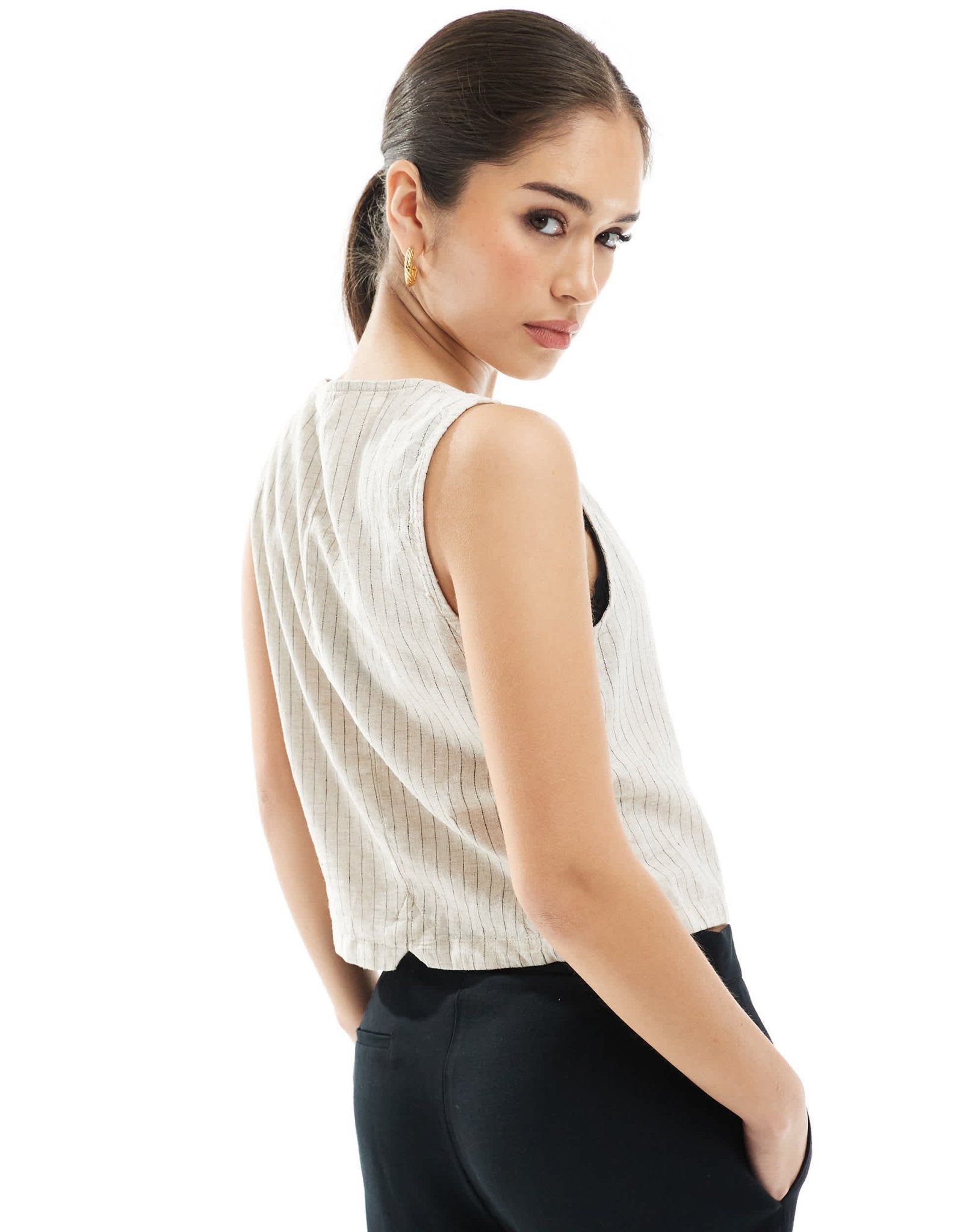 JJXX linen blend tie up waistcoat top in cream stripe - ASOS Sample Sale