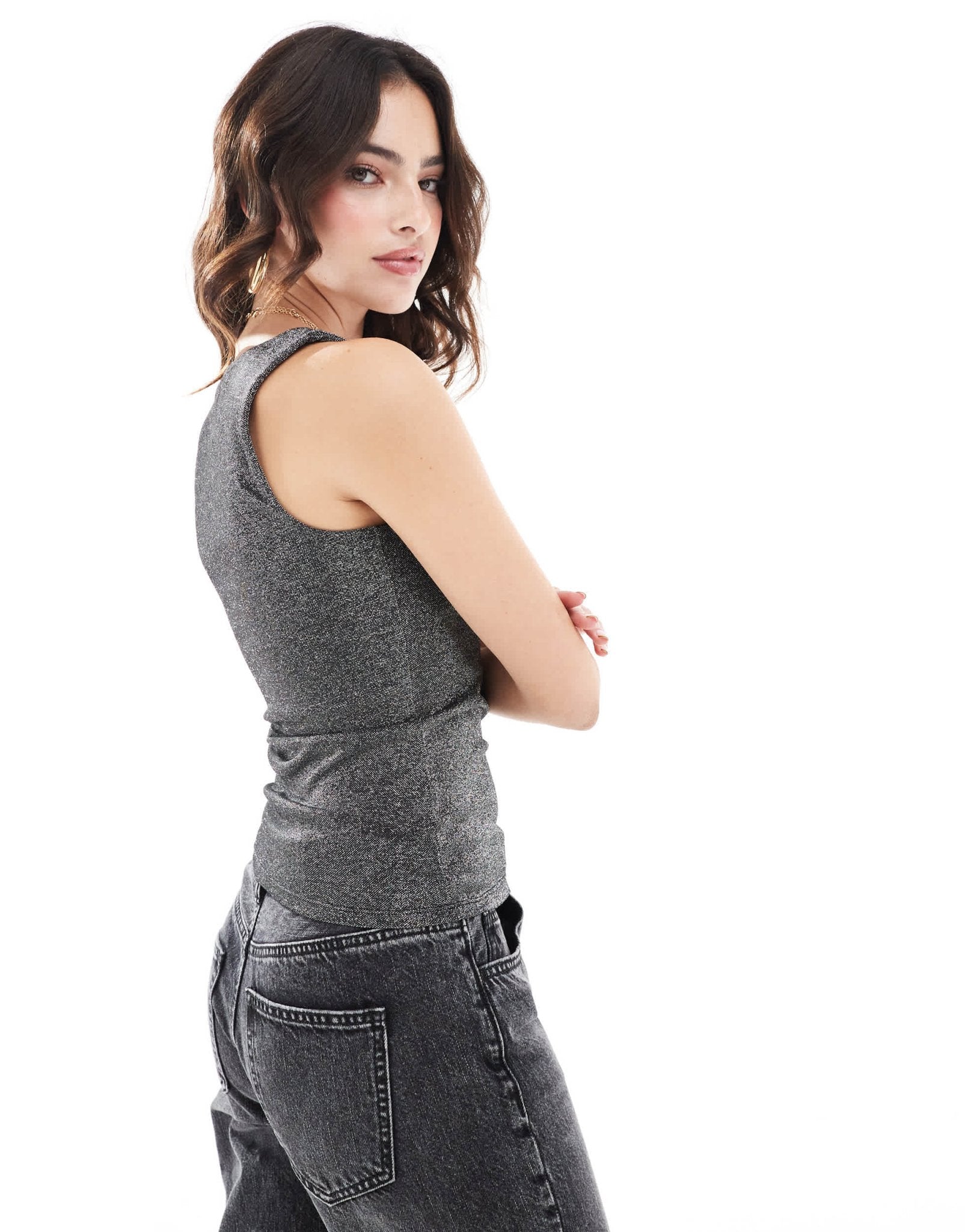 JJXX reversible scoop top in black glitter - ASOS Sample Sale