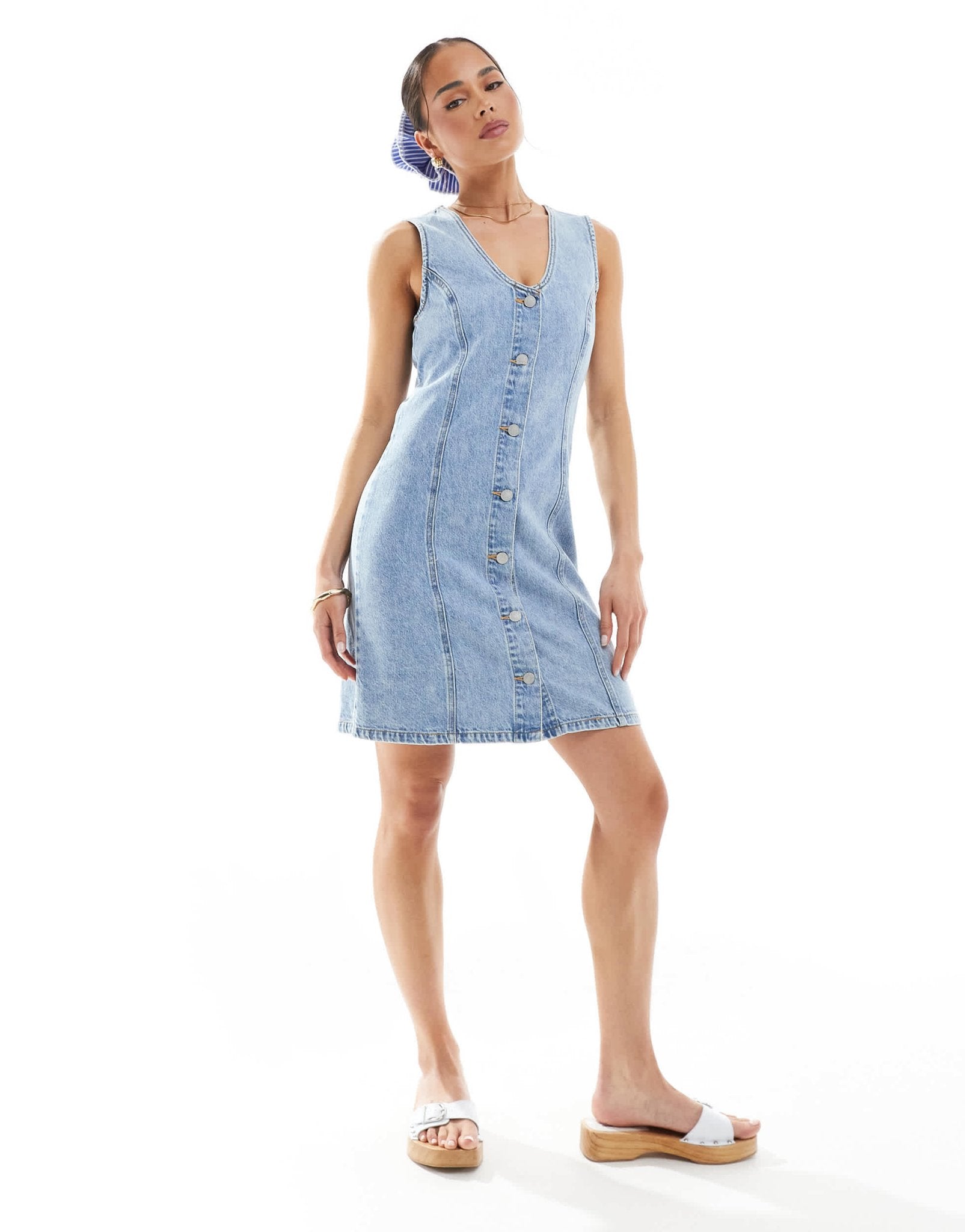 JJXX scoop neck denim dress in light blue - ASOS Sample Sale
