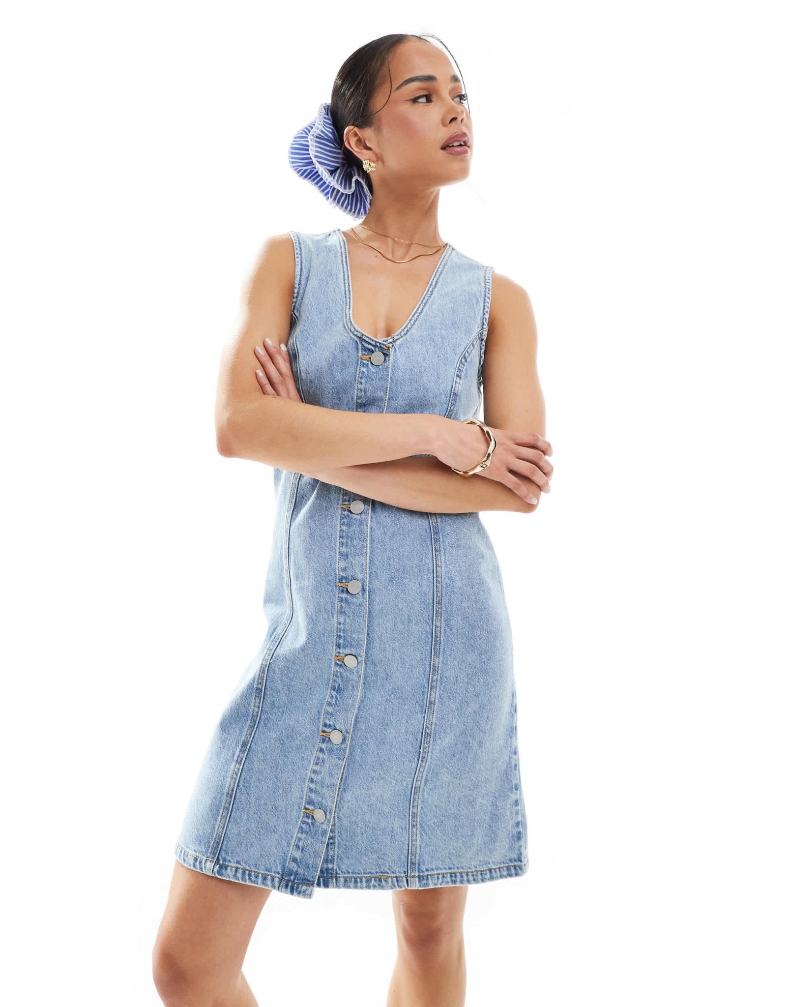 JJXX scoop neck denim dress in light blue - ASOS Sample Sale