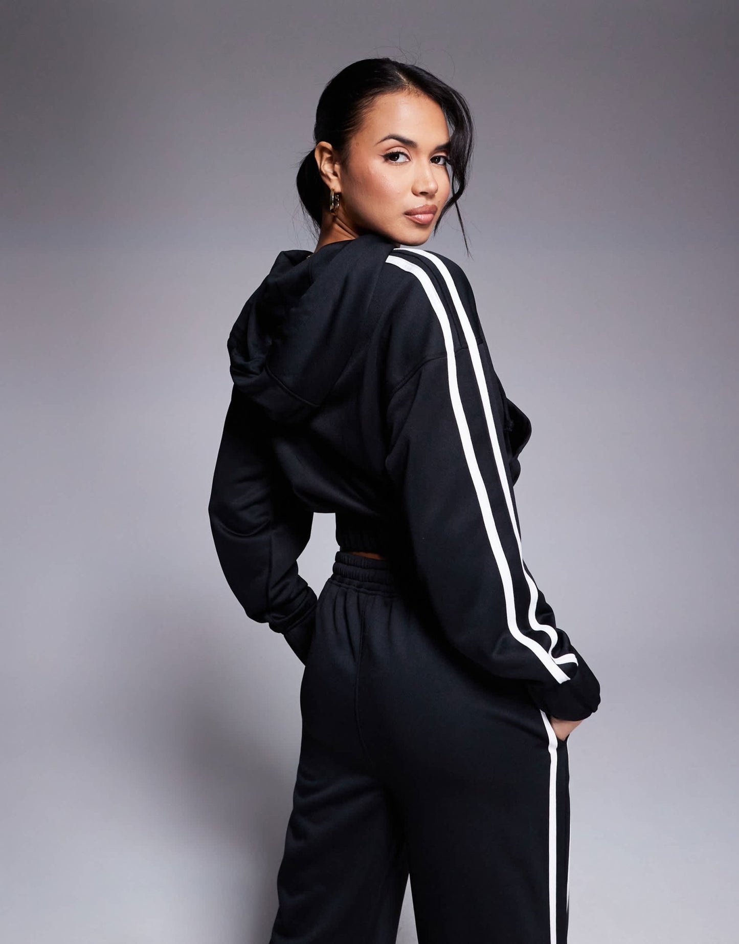 Kaiia cotton blend Studio cropped side stripe zip up hoodie co-ord in black - ASOS Sample Sale