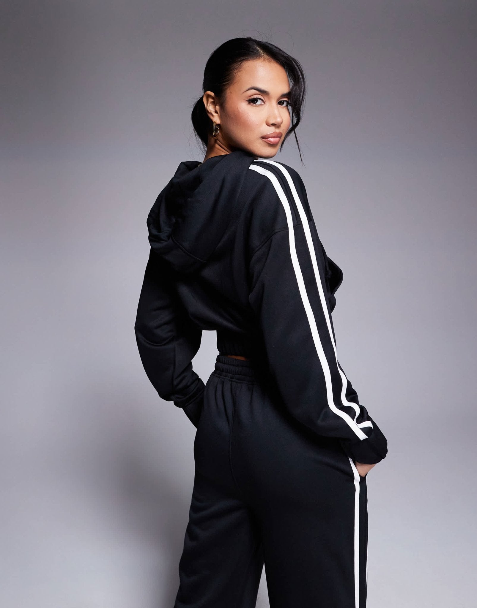 Kaiia cotton blend Studio cropped side stripe zip up hoodie co-ord in black - ASOS Sample Sale