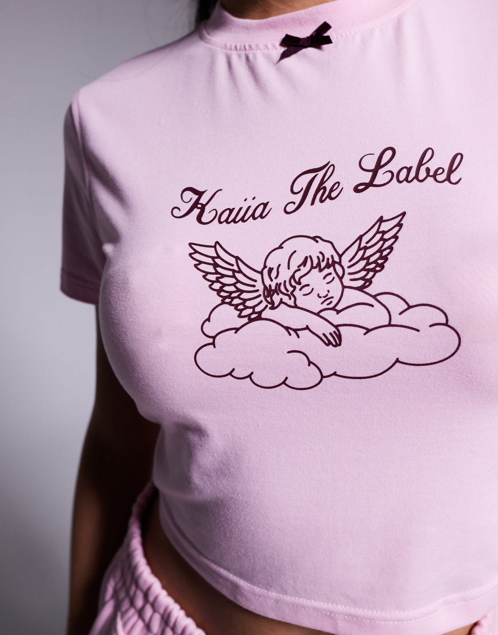 Kaiia cotton rich angel logo bow detail baby tee co-ord in pink and burgundy - ASOS Sample Sale