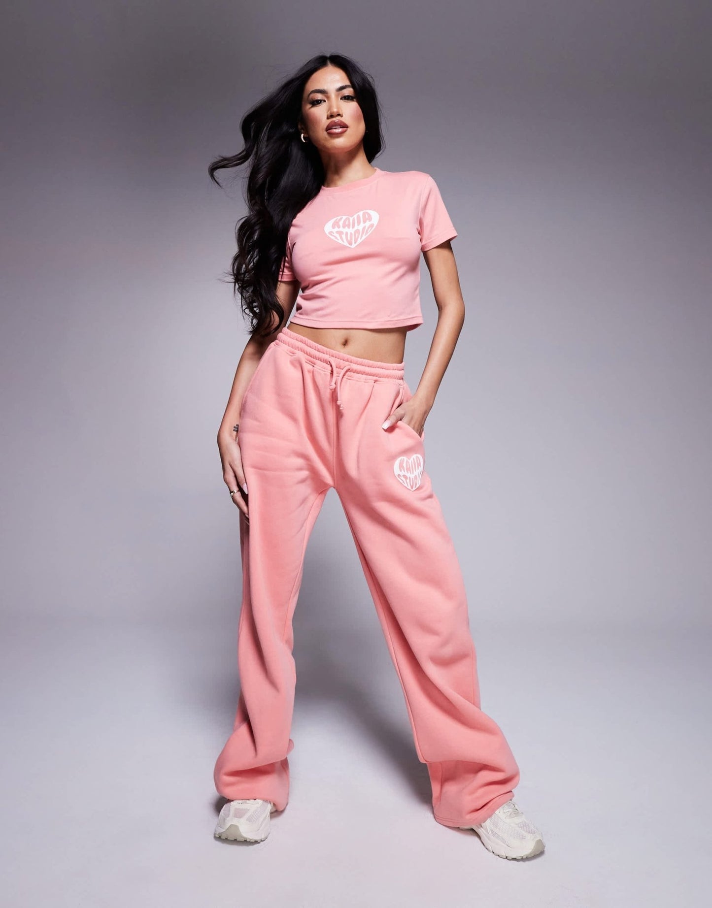 Kaiia cotton rich contrast heart logo baby tee co-ord in peach - ASOS Sample Sale