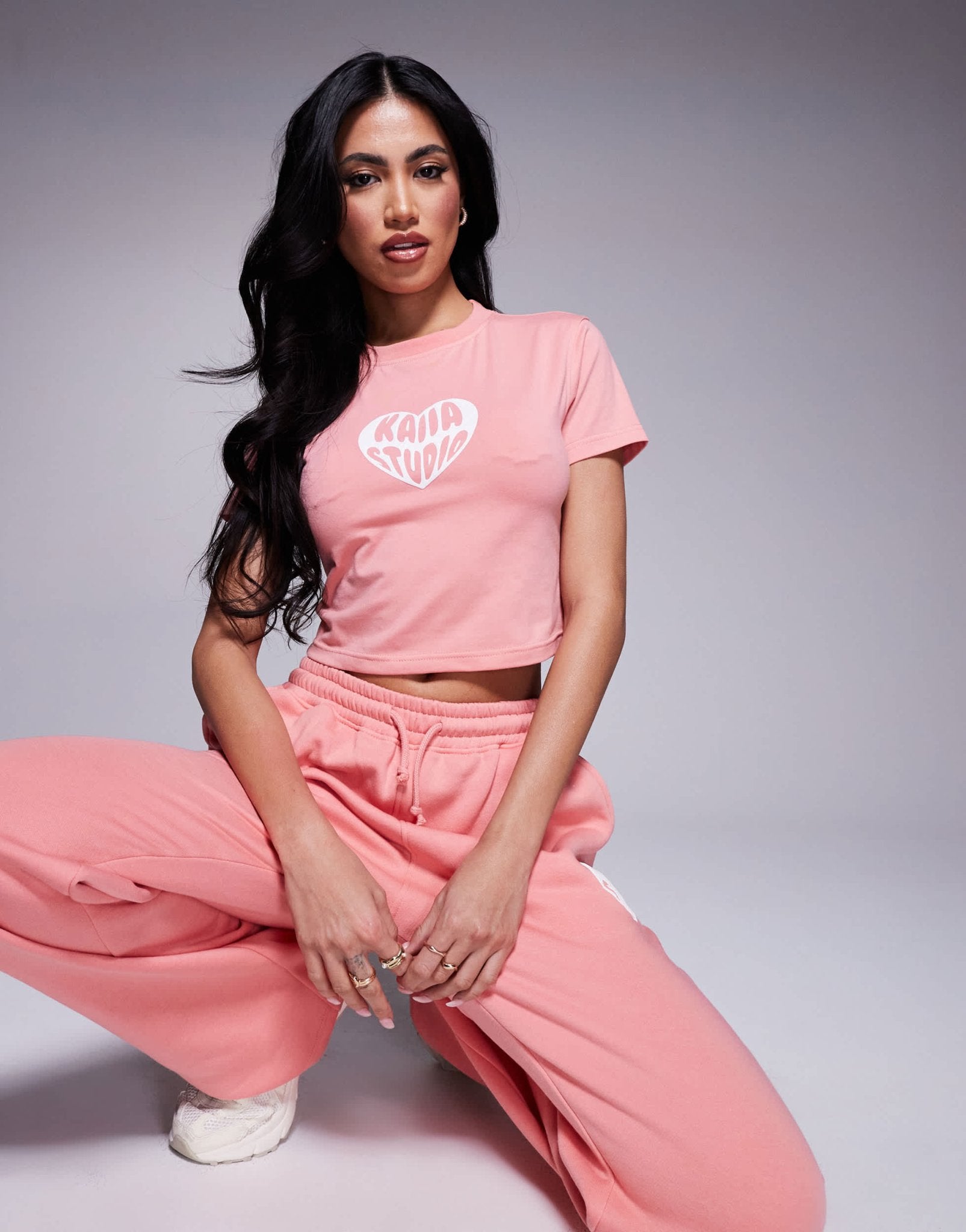 Kaiia cotton rich contrast heart logo baby tee co-ord in peach - ASOS Sample Sale