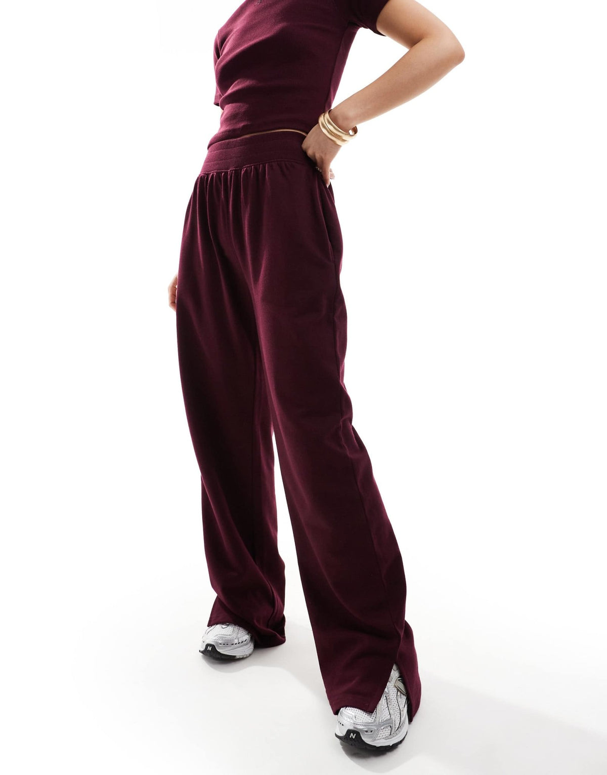 Kaiia cotton rich wide leg joggers co-ord in burgundy - ASOS Sample Sale