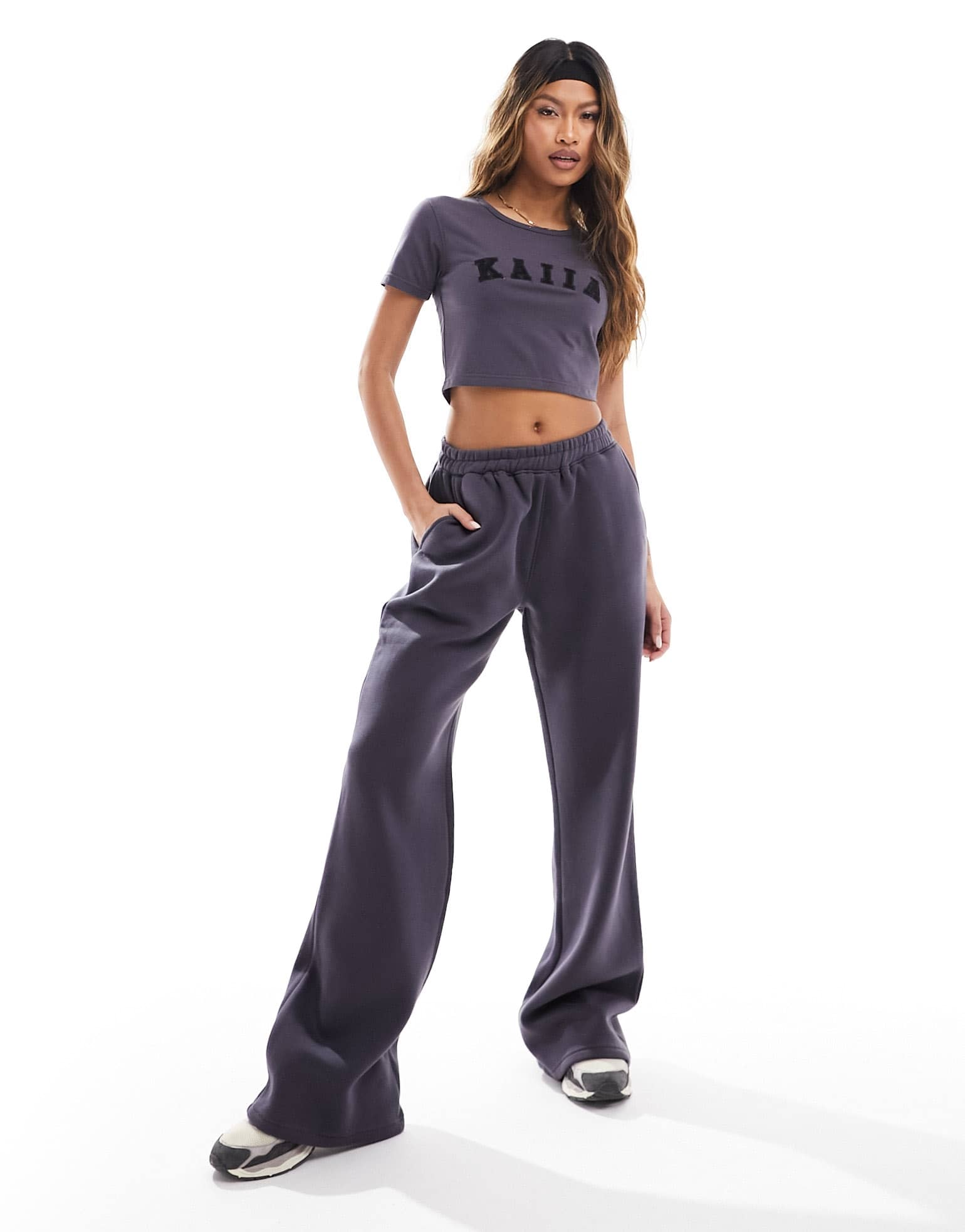 Kaiia cropped baby t-shirt co - ord in charcoal grey - ASOS Sample Sale