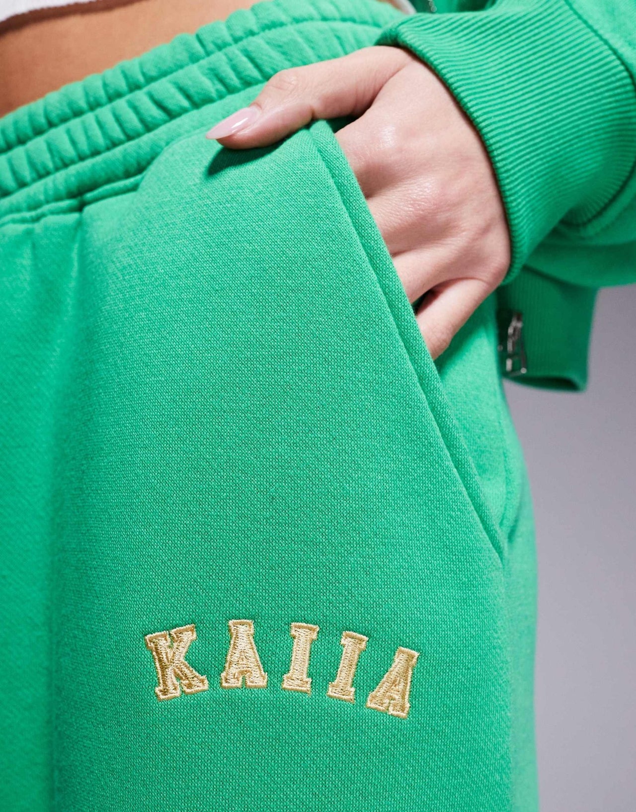 Kaiia embroidered logo wide leg jogger co-ord in green and yellow - ASOS Sample Sale