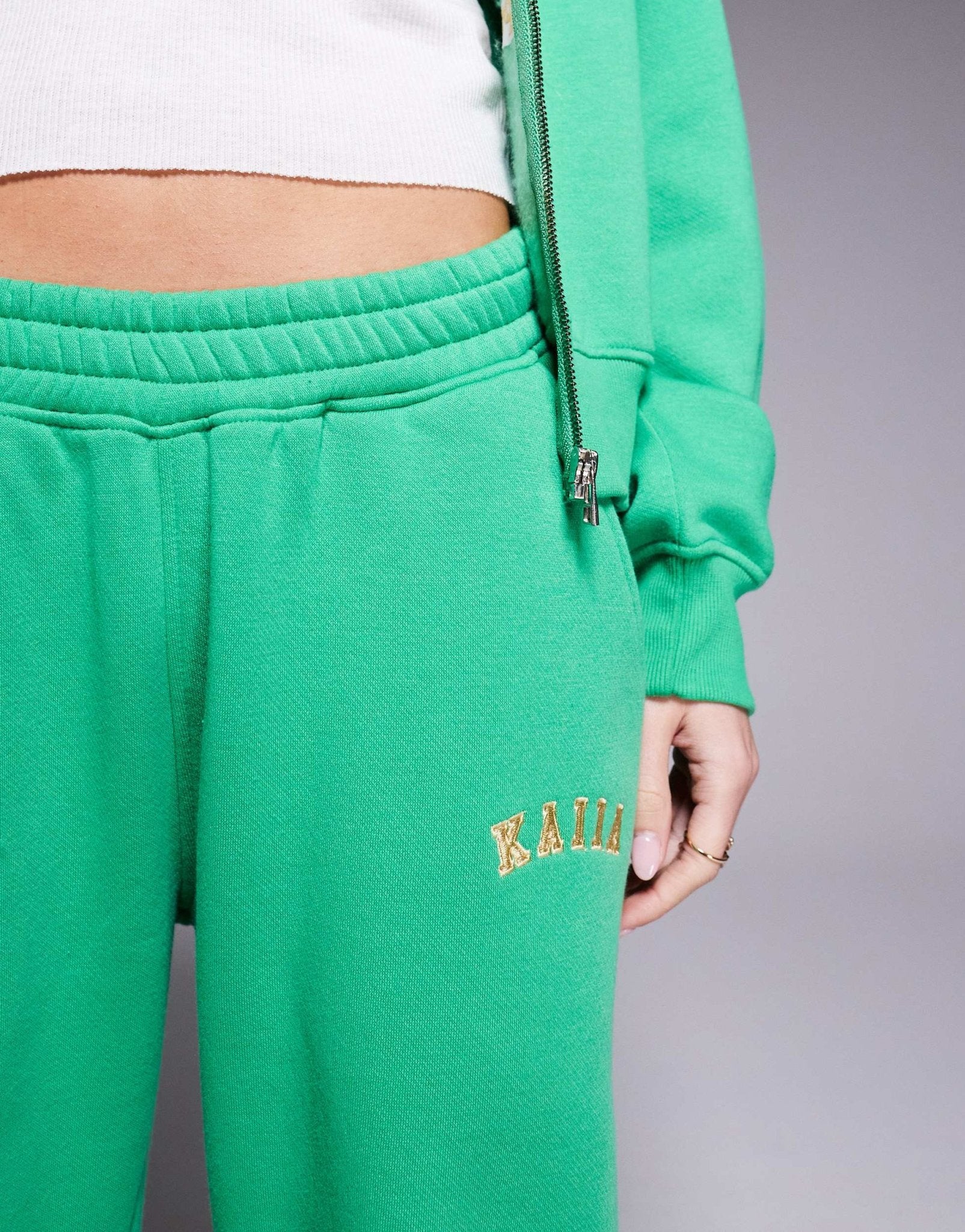 Kaiia embroidered logo wide leg jogger co-ord in green and yellow - ASOS Sample Sale