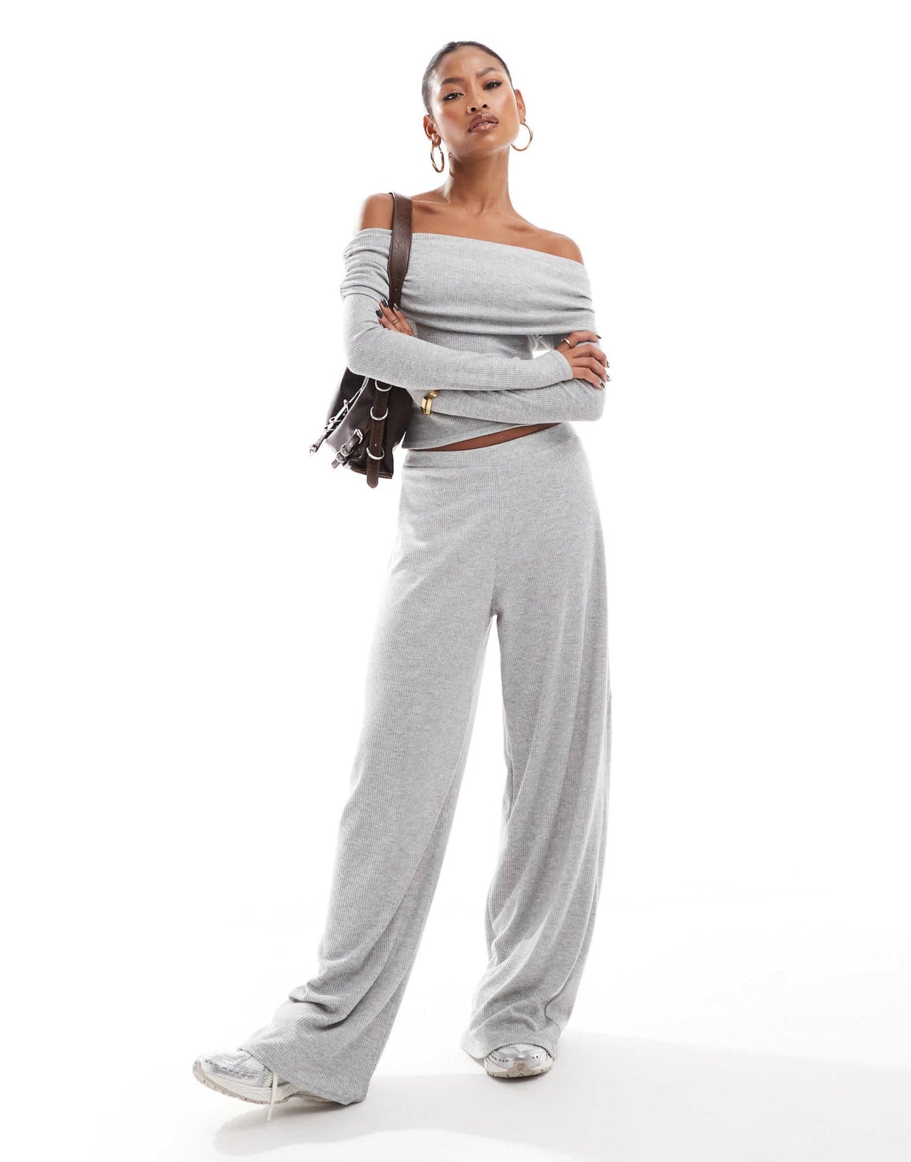 Kaiia exclusive bardot ribbed fold detail top co - ord in light grey marl - ASOS Sample Sale