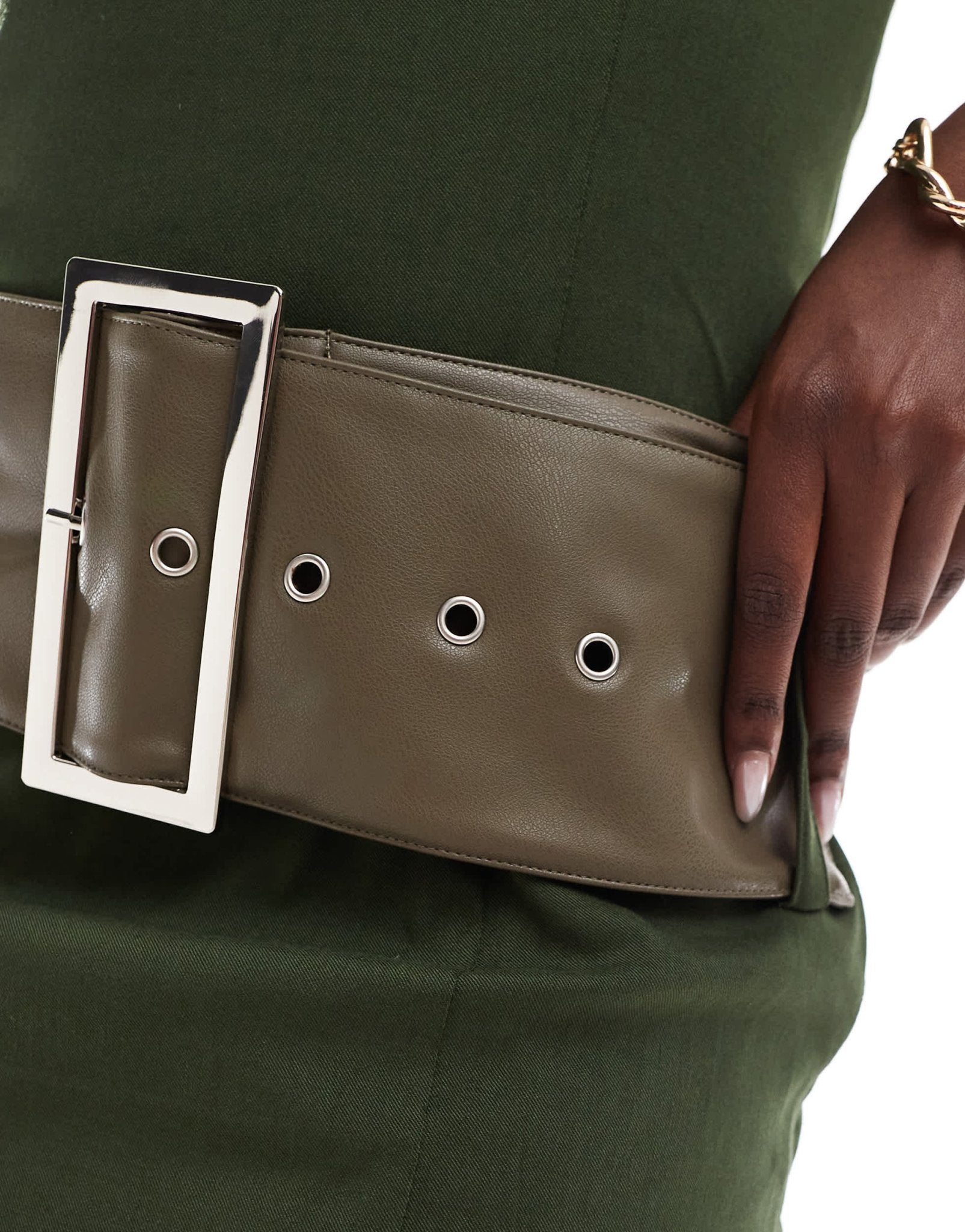 Kaiia exclusive bengaline high neck oversized belt detail mini dress in khaki - ASOS Sample Sale