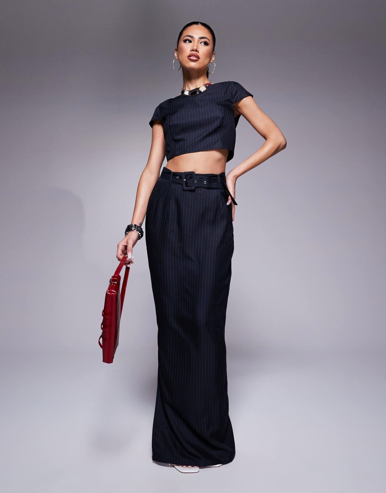 Kaiia exclusive boat neck cap sleeve top co - ord in navy pinstripe - ASOS Sample Sale