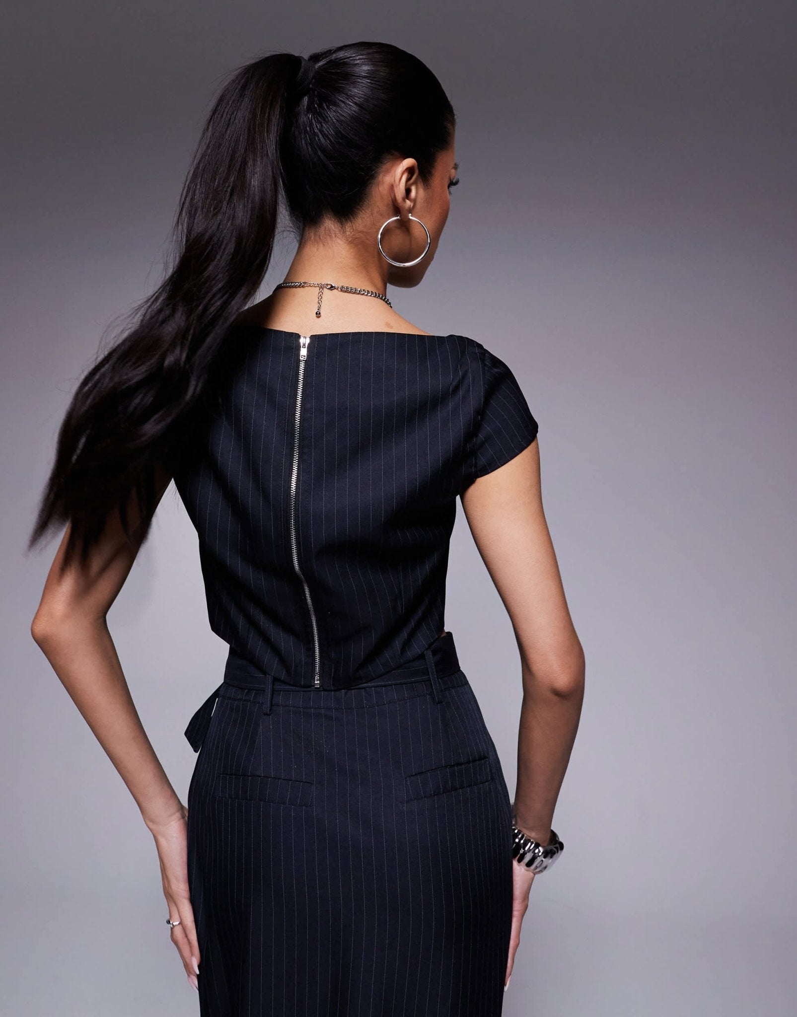Kaiia exclusive boat neck cap sleeve top co - ord in navy pinstripe - ASOS Sample Sale