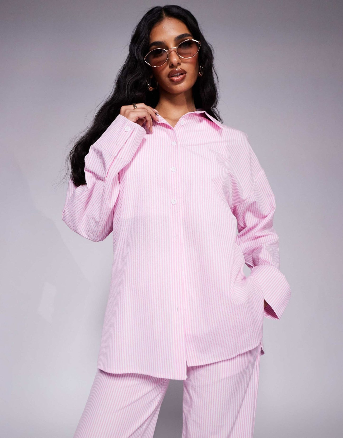 Kaiia exclusive cotton blend oversized button through poplin shirt co-ord in pink stripe - ASOS Sample Sale