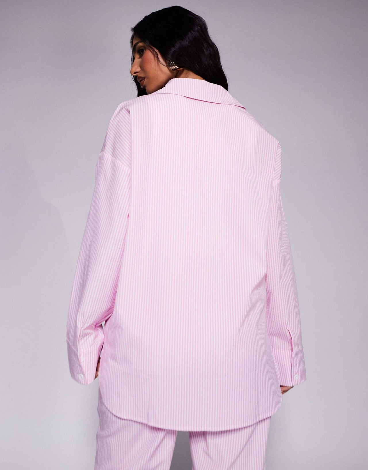 Kaiia exclusive cotton blend oversized button through poplin shirt co-ord in pink stripe - ASOS Sample Sale