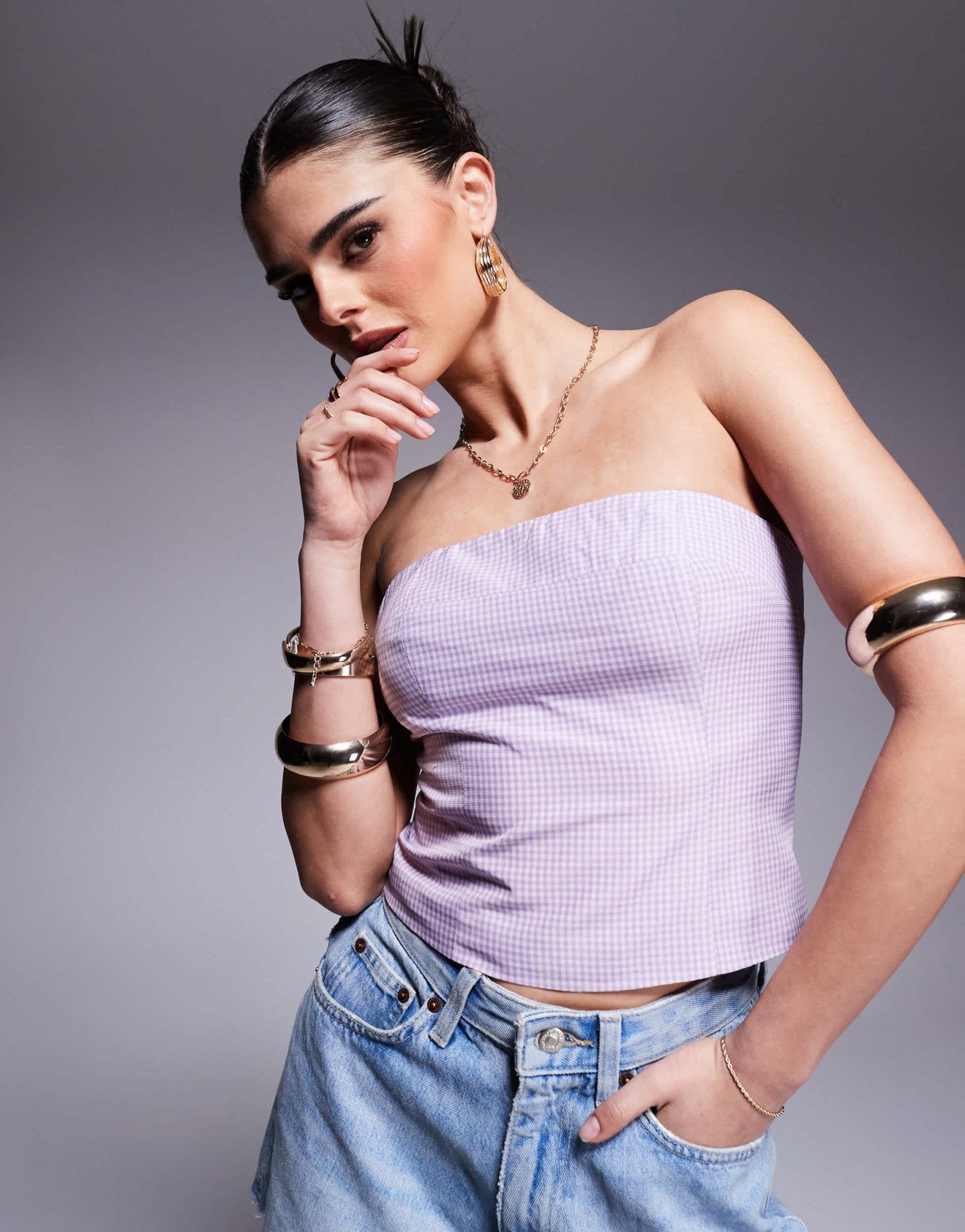 Kaiia exclusive cotton rich bandeau crop top in lilac and pink gingham - ASOS Sample Sale