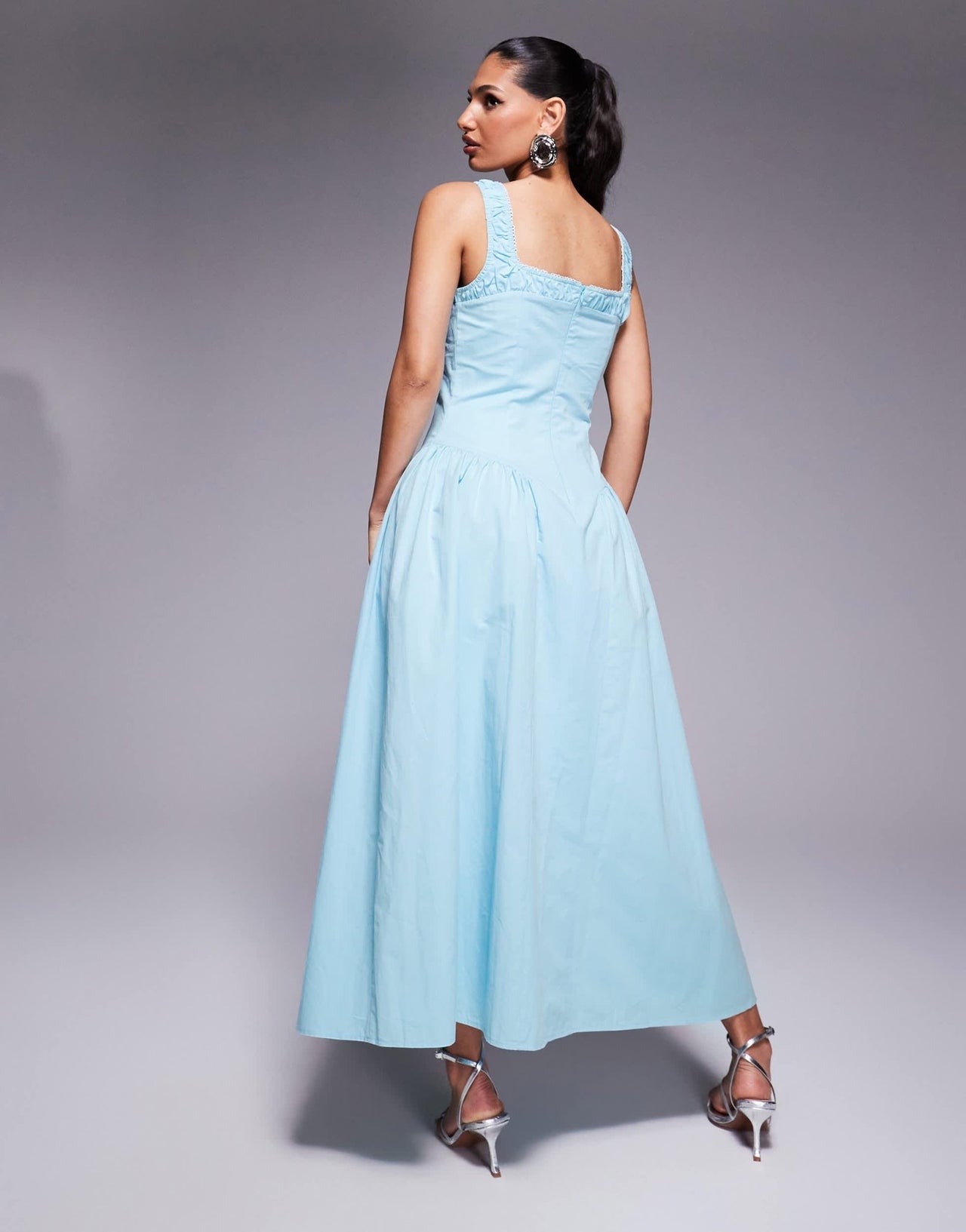 Kaiia exclusive cotton rich square neck ruched lace trim hip pleat detail maxi dress in baby blue - ASOS Sample Sale