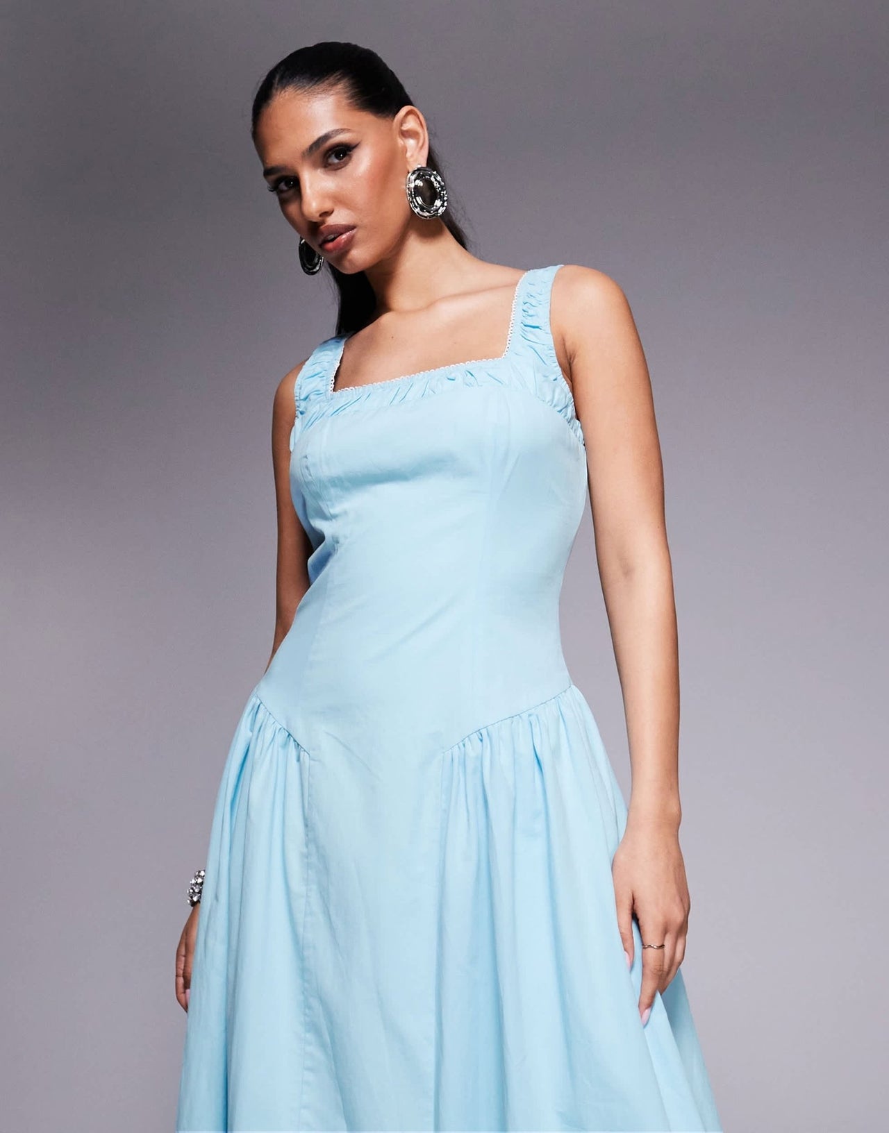 Kaiia exclusive cotton rich square neck ruched lace trim hip pleat detail maxi dress in baby blue - ASOS Sample Sale