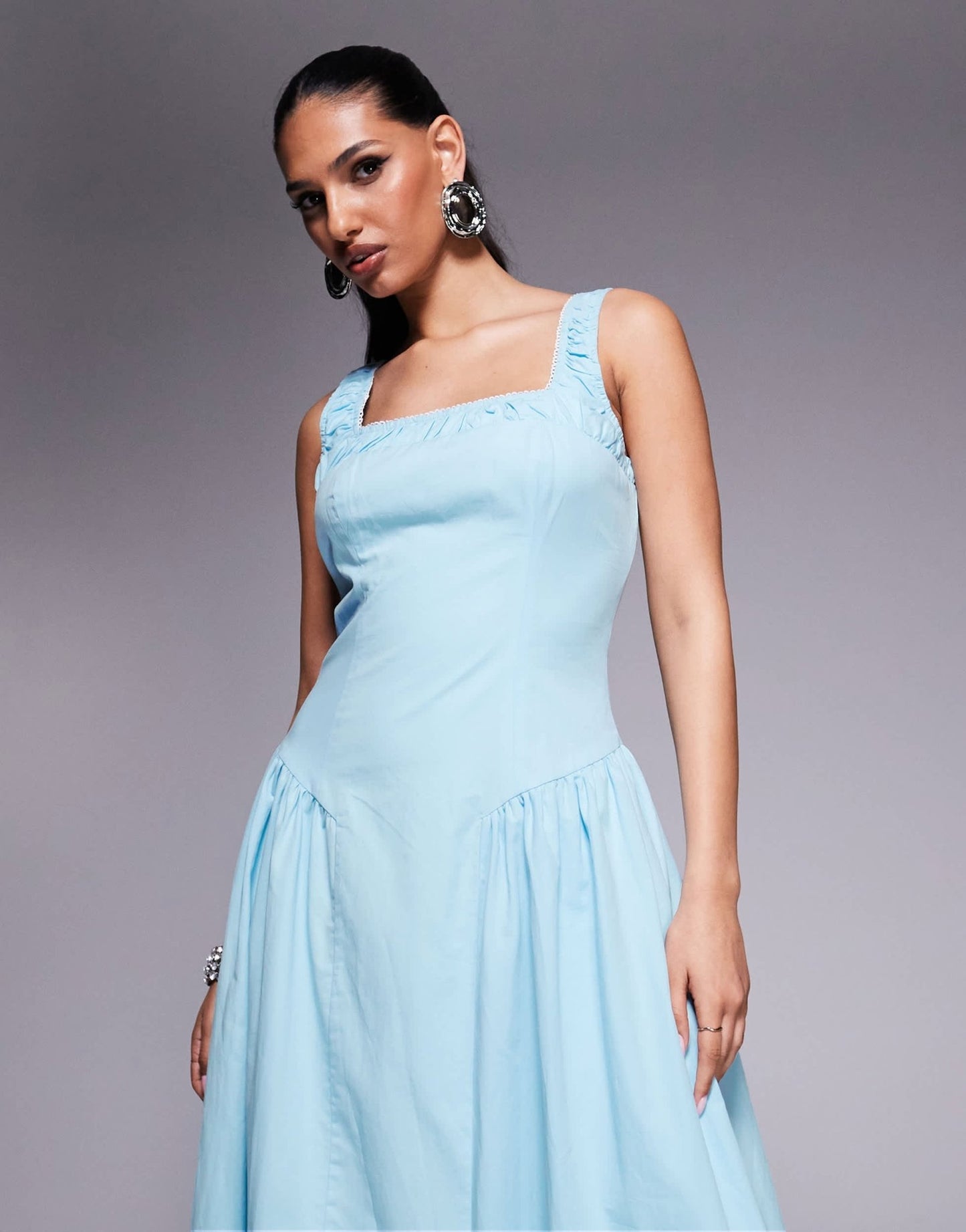 Kaiia exclusive cotton rich square neck ruched lace trim hip pleat detail maxi dress in baby blue - ASOS Sample Sale