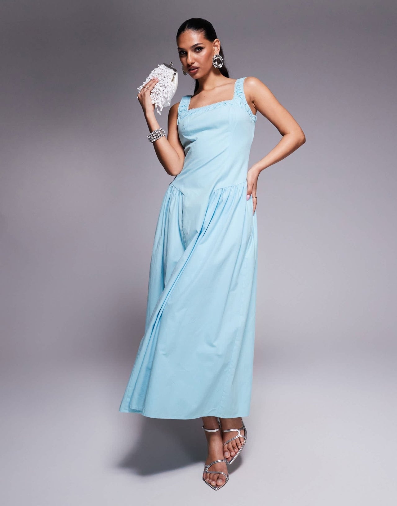 Kaiia exclusive cotton rich square neck ruched lace trim hip pleat detail maxi dress in baby blue - ASOS Sample Sale