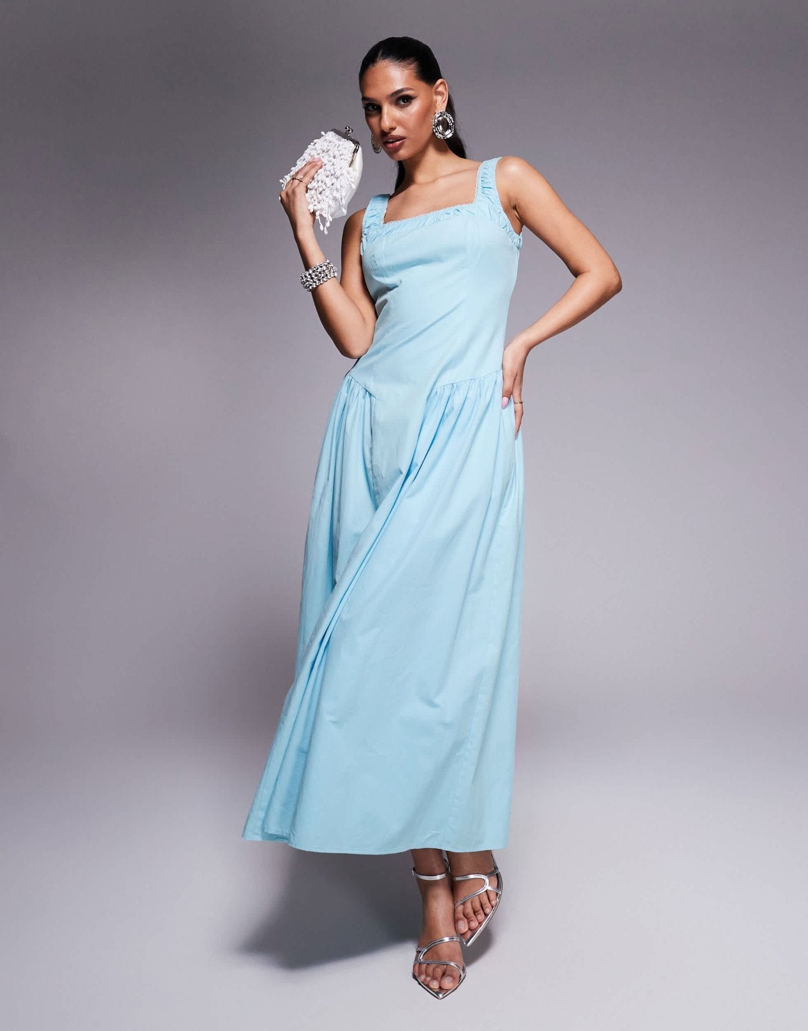 Kaiia exclusive cotton rich square neck ruched lace trim hip pleat detail maxi dress in baby blue - ASOS Sample Sale