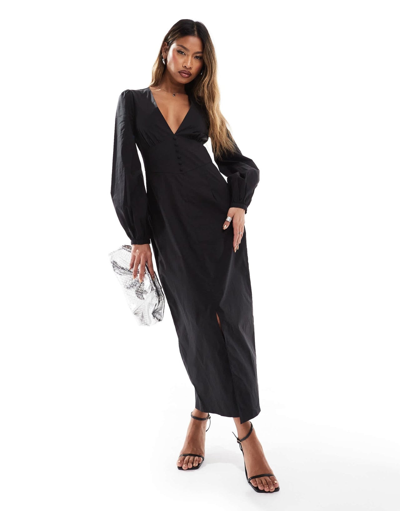 Kaiia exclusive cotton rich volume sleeve plunge neck button detail maxi dress in black - ASOS Sample Sale