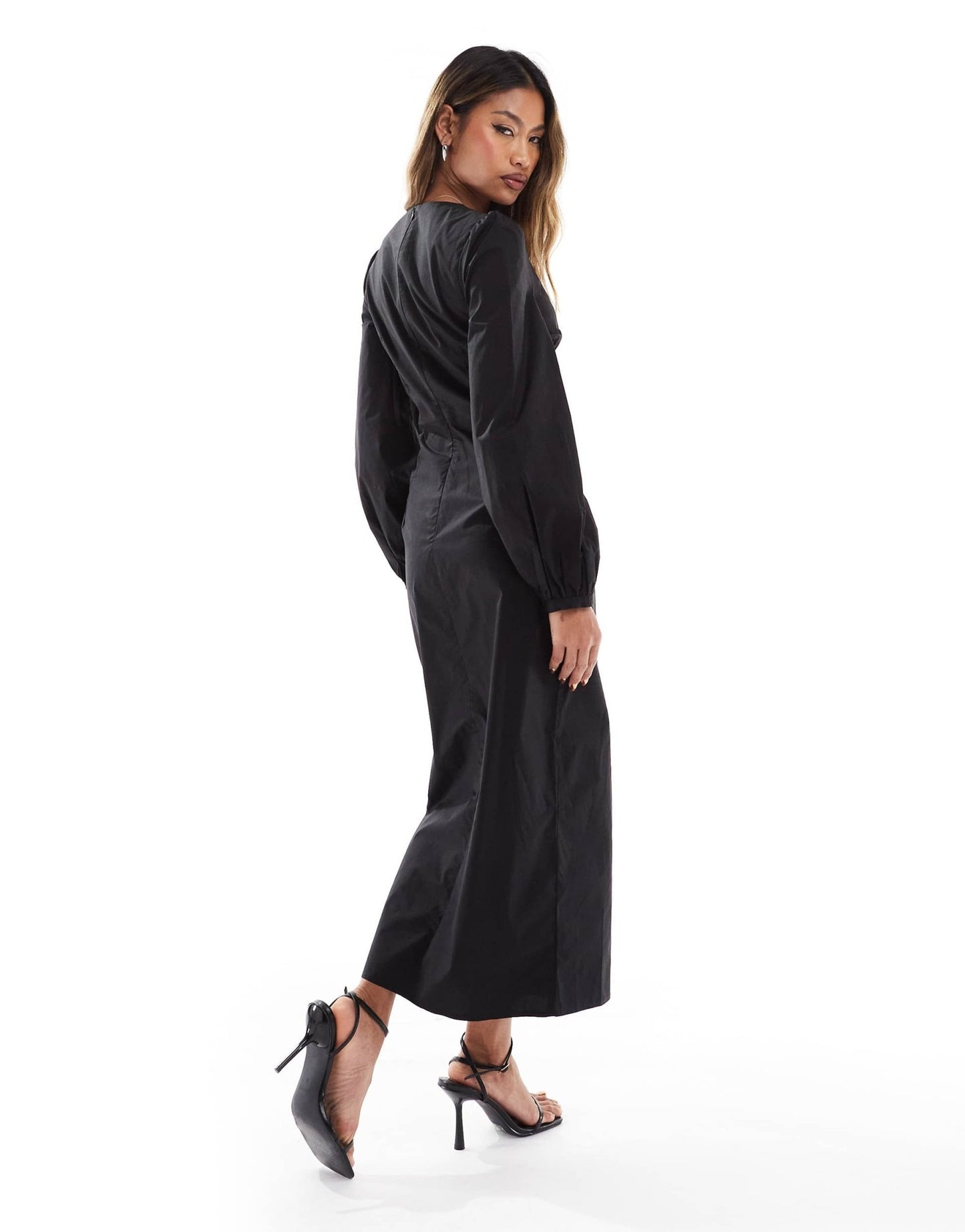 Kaiia exclusive cotton rich volume sleeve plunge neck button detail maxi dress in black - ASOS Sample Sale