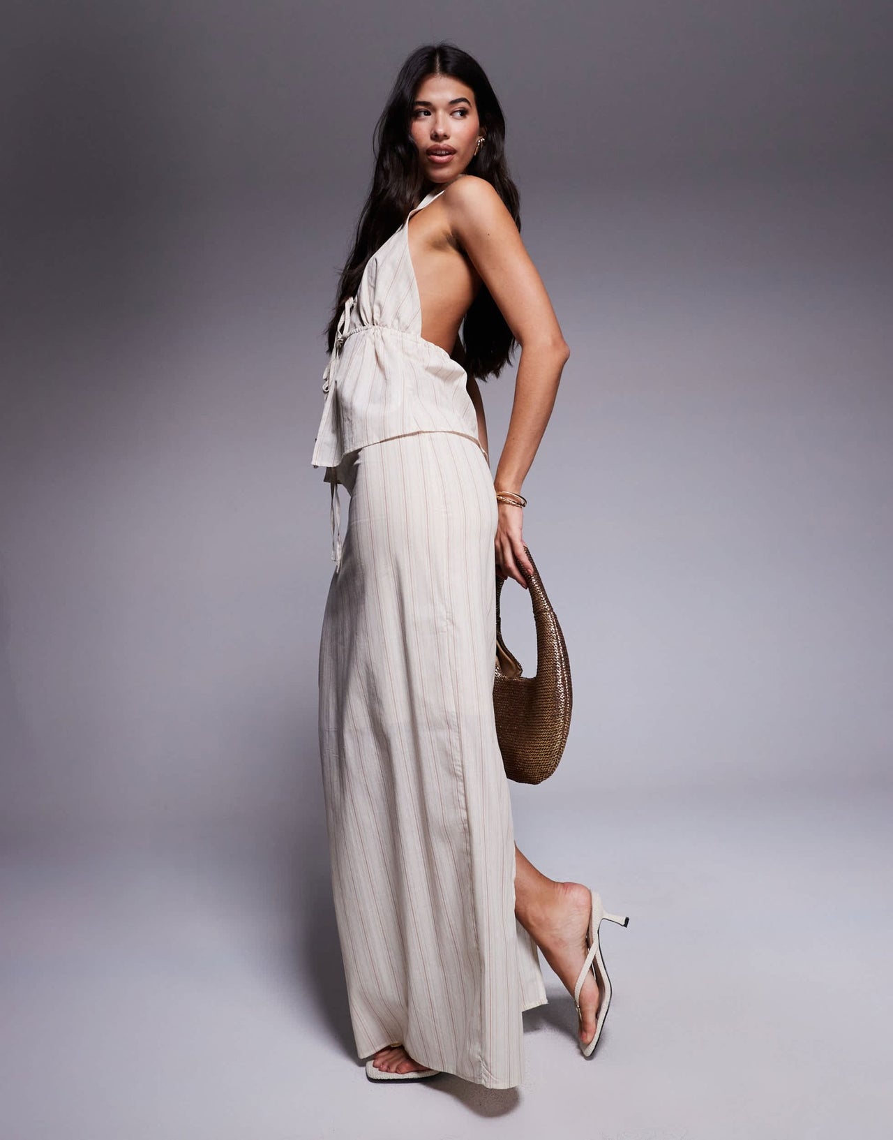 Kaiia exclusive cotton tie waist linen look maxi skirt co - ord in cream stripe - ASOS Sample Sale